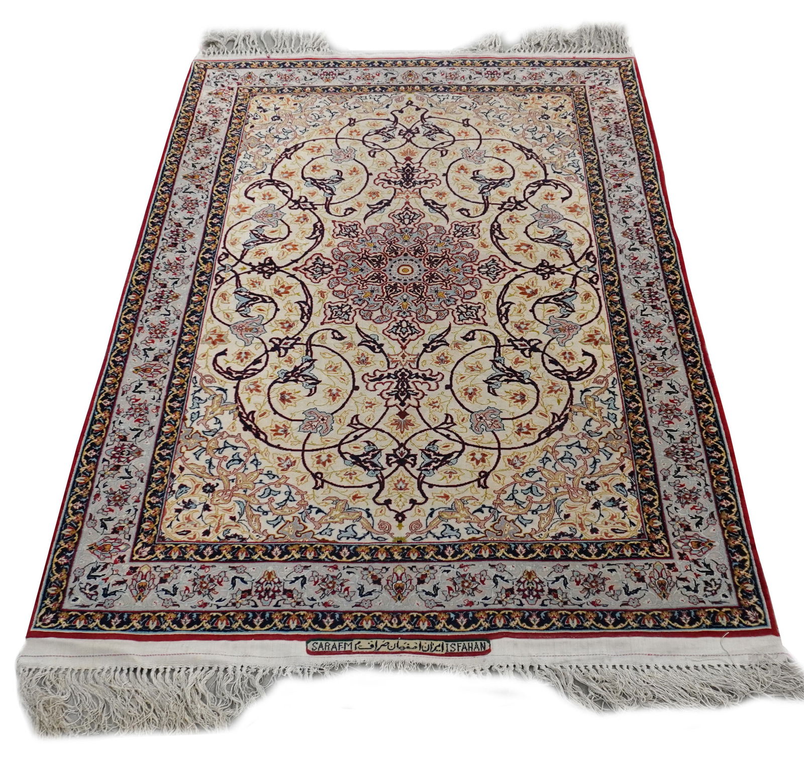 Isphahan Silk Rug, Woven Serafian and Isphahan in Latin and Farsi, Post 1950s, 5 ft 3 in x 3 ft 8 in (1 of 2)