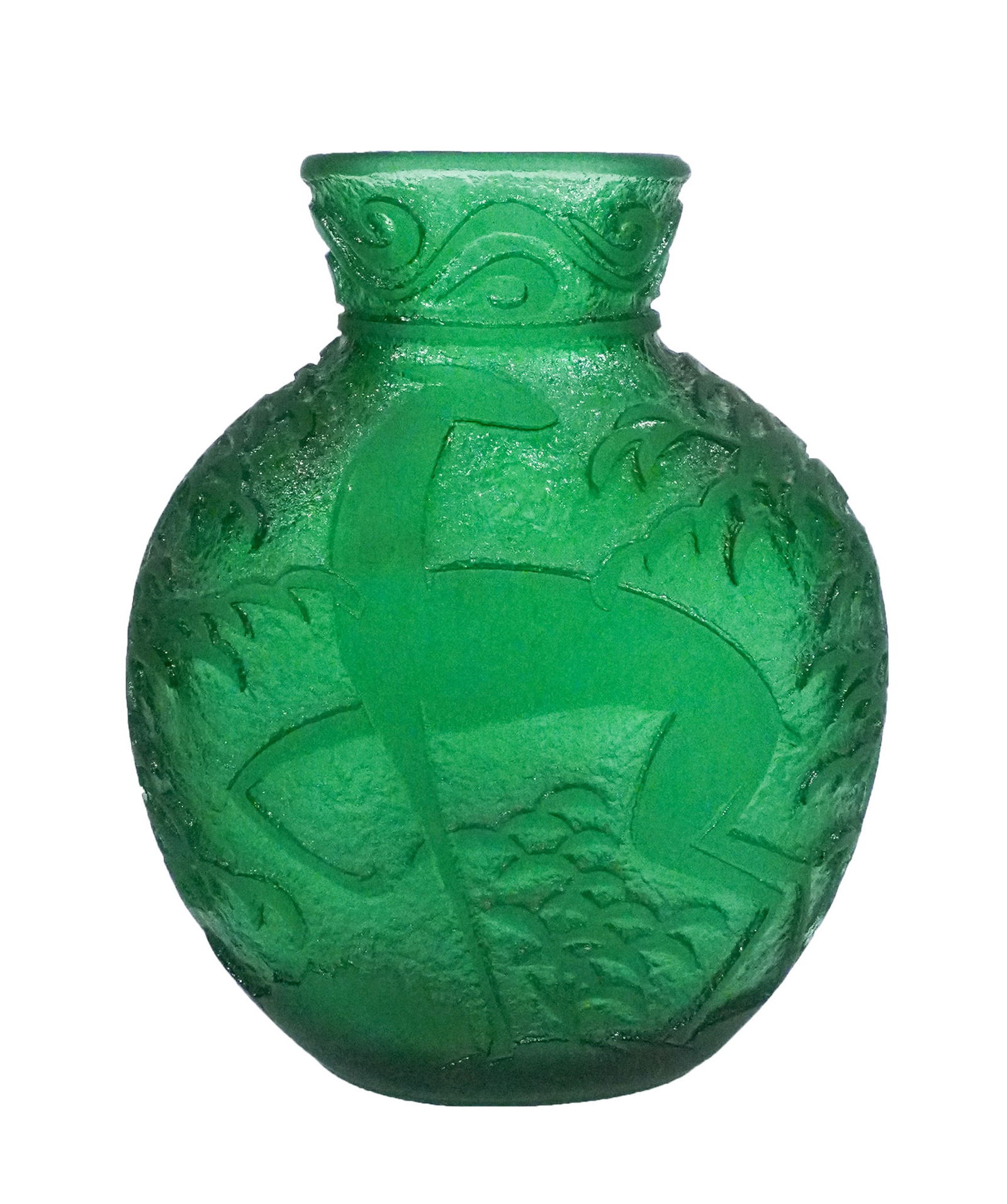 Art Deco Daum Frères Green Cameo Glass Biches-Deer Vase, Circa 1925, Height: 12-3/8 in (31.4 (1 of 5)