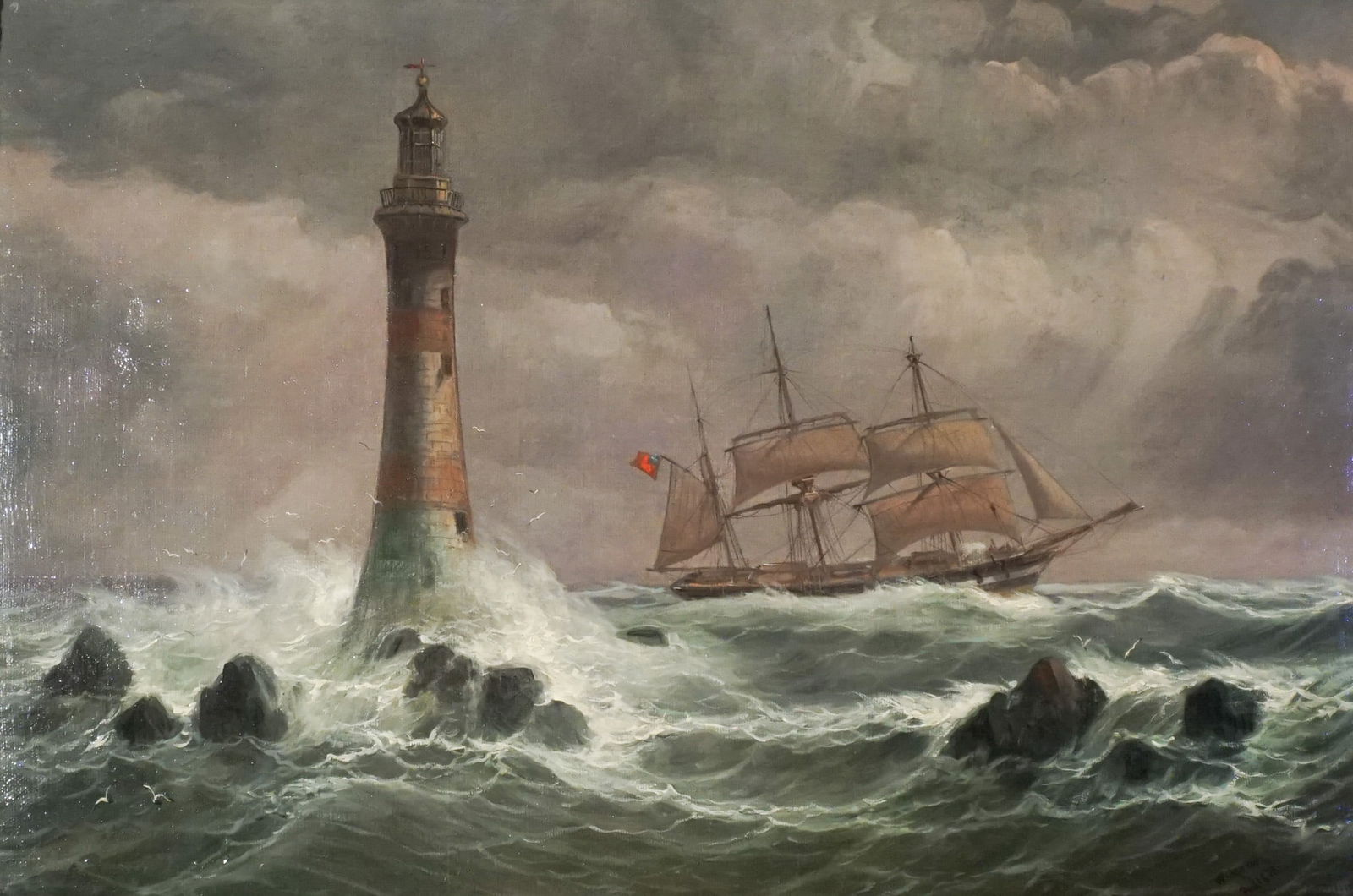 William Frederick Mitchell (British 1845-1914), Ships Off a Lighthouse in a Stormy Seas and: a Pair: William Frederick Mitchell(British, 1845-1914)Ships Off a Lighthouse in a Stormy Sea: A Pair of WorksEach oil on canvasEach signed W. Mitchell and dated Feb. 1878 l.r.Property from a