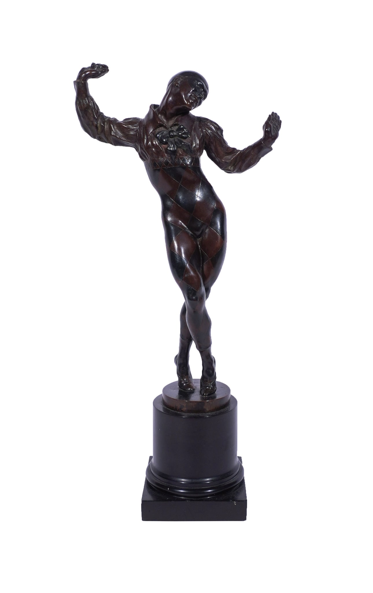 Emanuele Ordono de Rosales (Italian b. 1873), Dancing Harlequin, Bronze sculpture with brown and (1 of 4)
