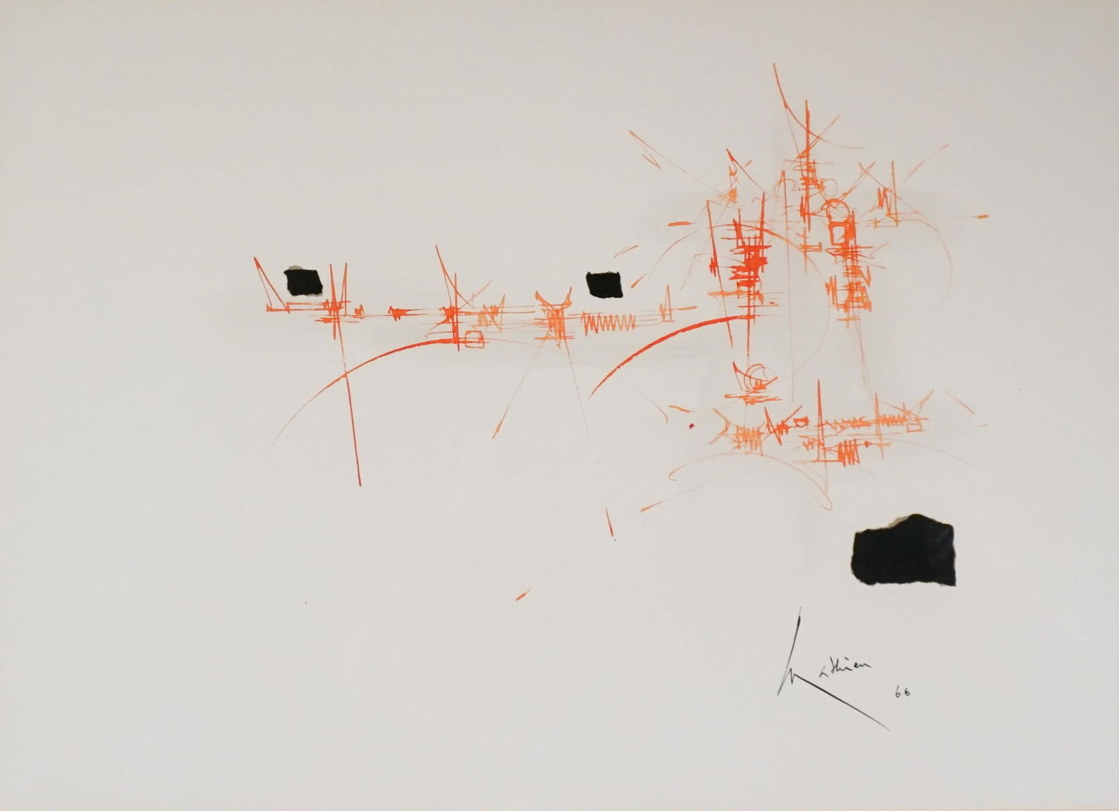 Georges Mathieu (French 1921-2012), Agathodaemon, Gouache & velvet on paper, Sight size: 21 x 29 in: Georges Mathieu(French, 1921-2012)AgathodaemonGouache and black velvet on paperSigned Mathieu and dated 66 l.r.Sight size: 21 x 29 in (53.3 x 73.7 cm); Frame: 28-1/2 x 36 in (72.4 x 91.4 cm)