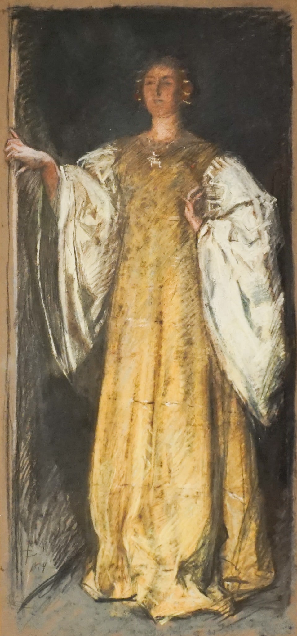 Edwin Austin Abbey, (American 1852-1911), Portrait of a Lady in a Gold Renaissance Gown, Pastel on (1 of 2)