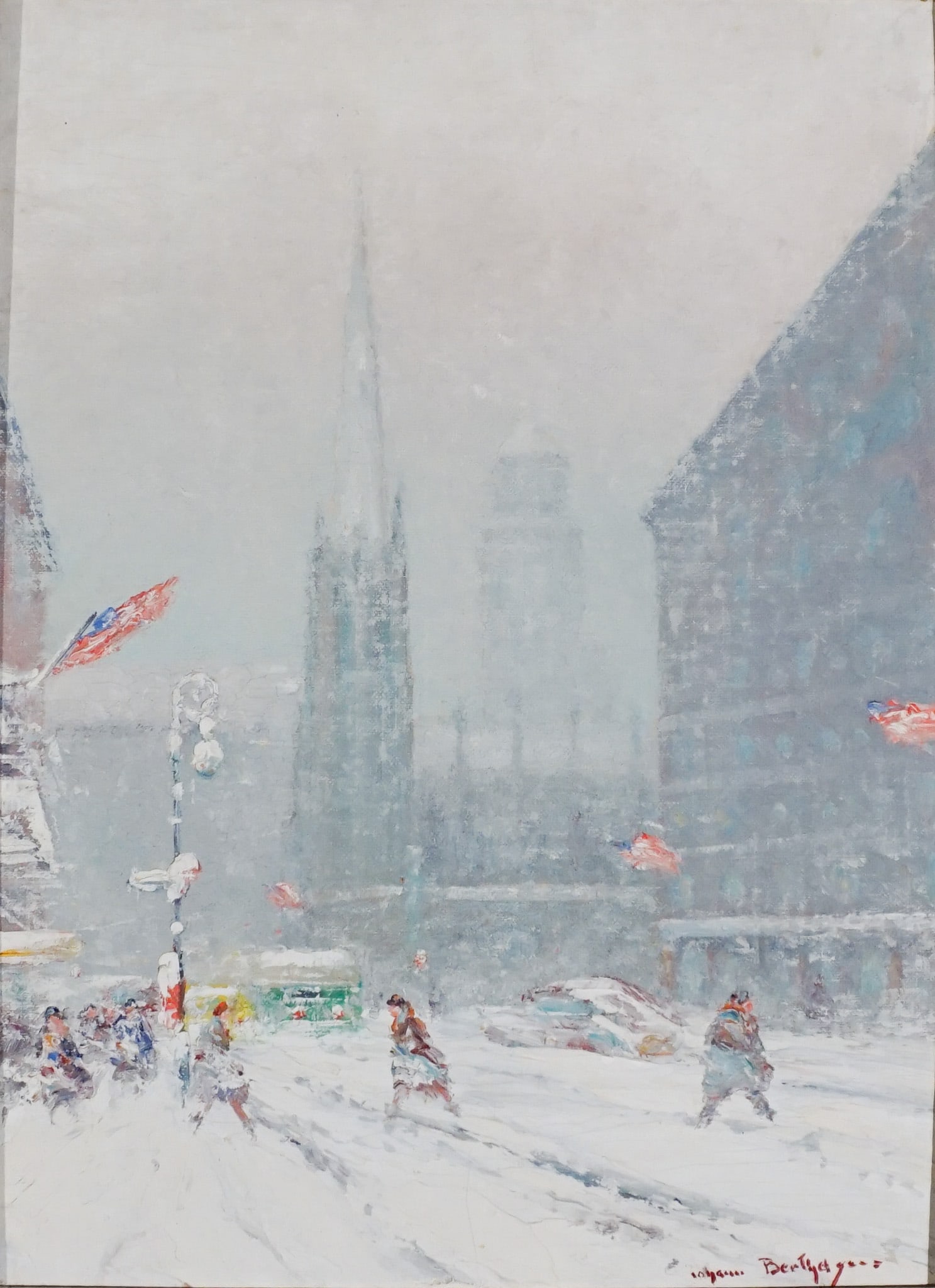 Johann Berthelsen (American 1883-1972), View of Fifth Avenue in the Snow, Oil on board, 12 x 16 in: Johann Berthelsen(American, 1883-1972)View of Fifth Avenue in the SnowOil on boardSigned Johann Berthelsen l.r.12 x 16 in (30.5 x 40.6 cm); Frame: 24 x 19 in (61 x 48.3 cm)