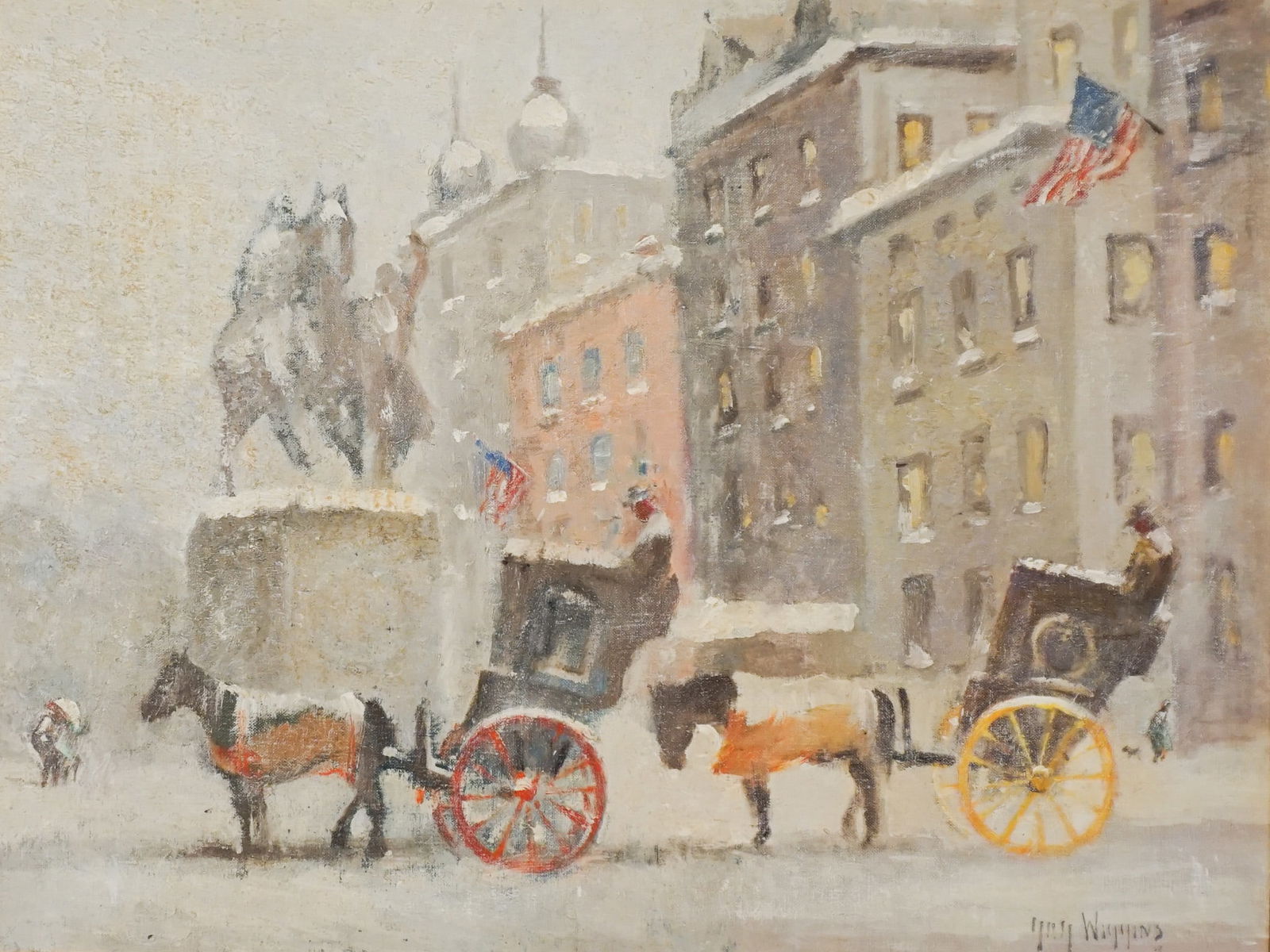 Guy Wiggins (American 1883-1952), Winter (Horse and Buggies), Oil on board, 18 x 24 in (45.7 x 61: Guy Carleton Wiggins(American, 1883-1962)Winter (Horse and Buggies)Oil on boardSigned Guy Wiggins l.r.; also signed Guy Wiggins NA and titled on verso18 x 24 in (45.7 x 61 cm); Frame: 23 x 29-