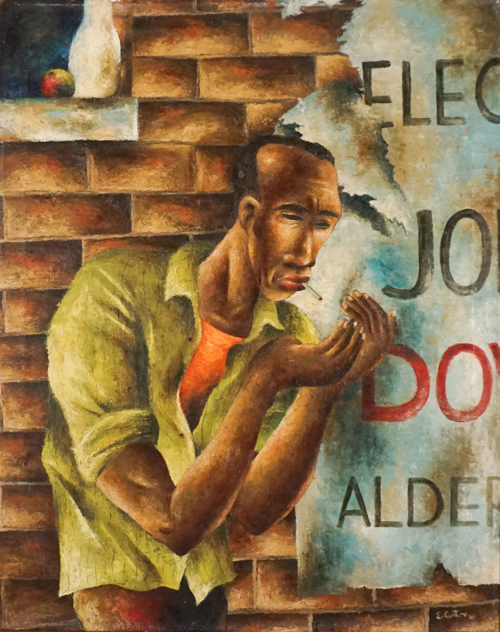 Eldzier Cortor (American 1916-2015), Signs of Times, Oil on canvas, 30 x 24 in (76.2 x 61 cm);: Eldzier Cortor(American, 1916-2015)Signs of TimesOil on canvasSigned E. Cortor and dated '40 l.r.; also titled Signs of Times and signed on stretcher bar, versoProperty from a