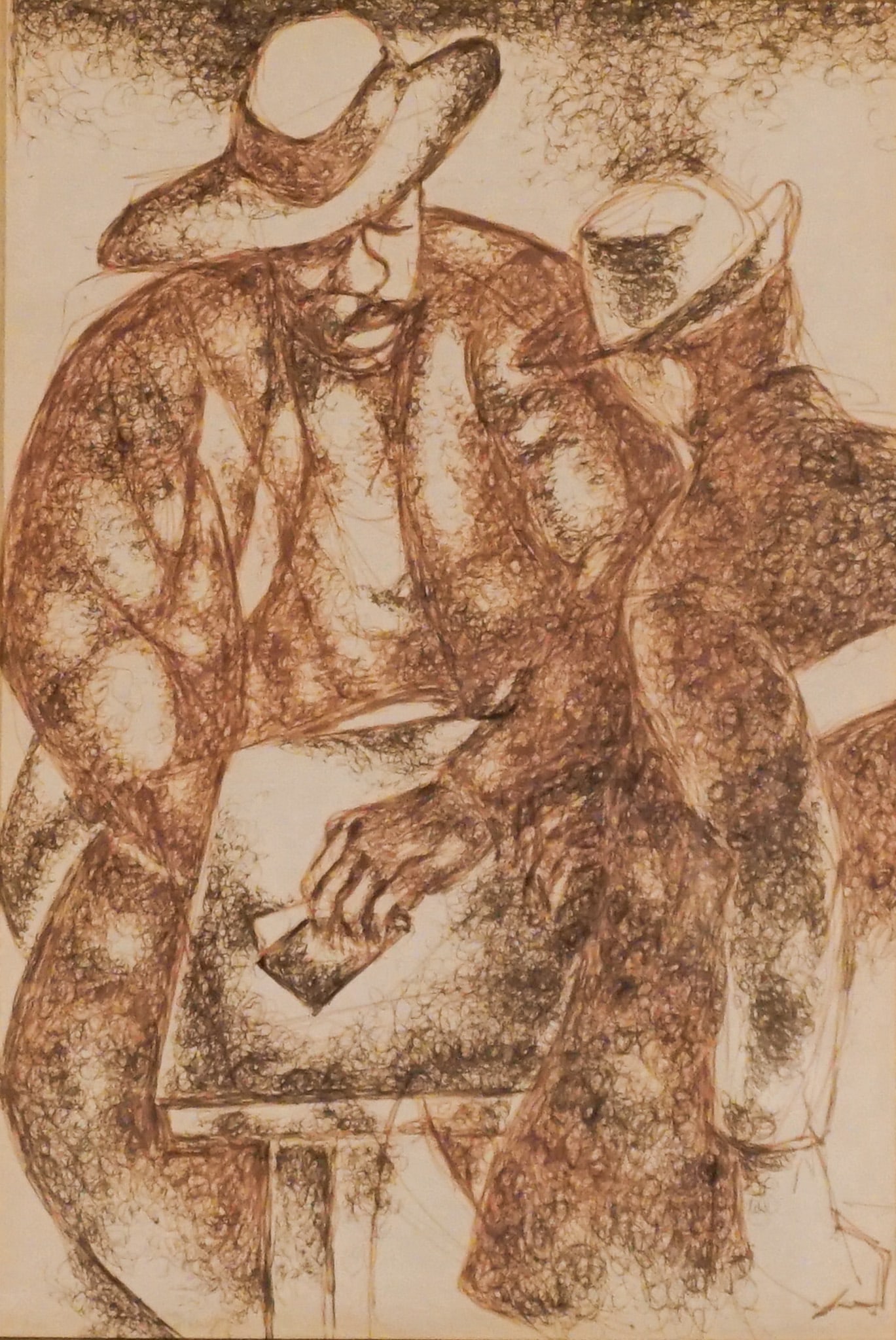 William Carter (American 1909-1996), Men Playing Cards, Sepia ink on paper, Sight size: 10-1/2 x 7: William Carter(American, 1909-1996)Men Playing CardsSepia ink on paperApparently unsignedProperty from a Prominent Potomac CollectionSight size: 10-1/2 x 7 in (26.7 x 17.8 cm); Frame: 21