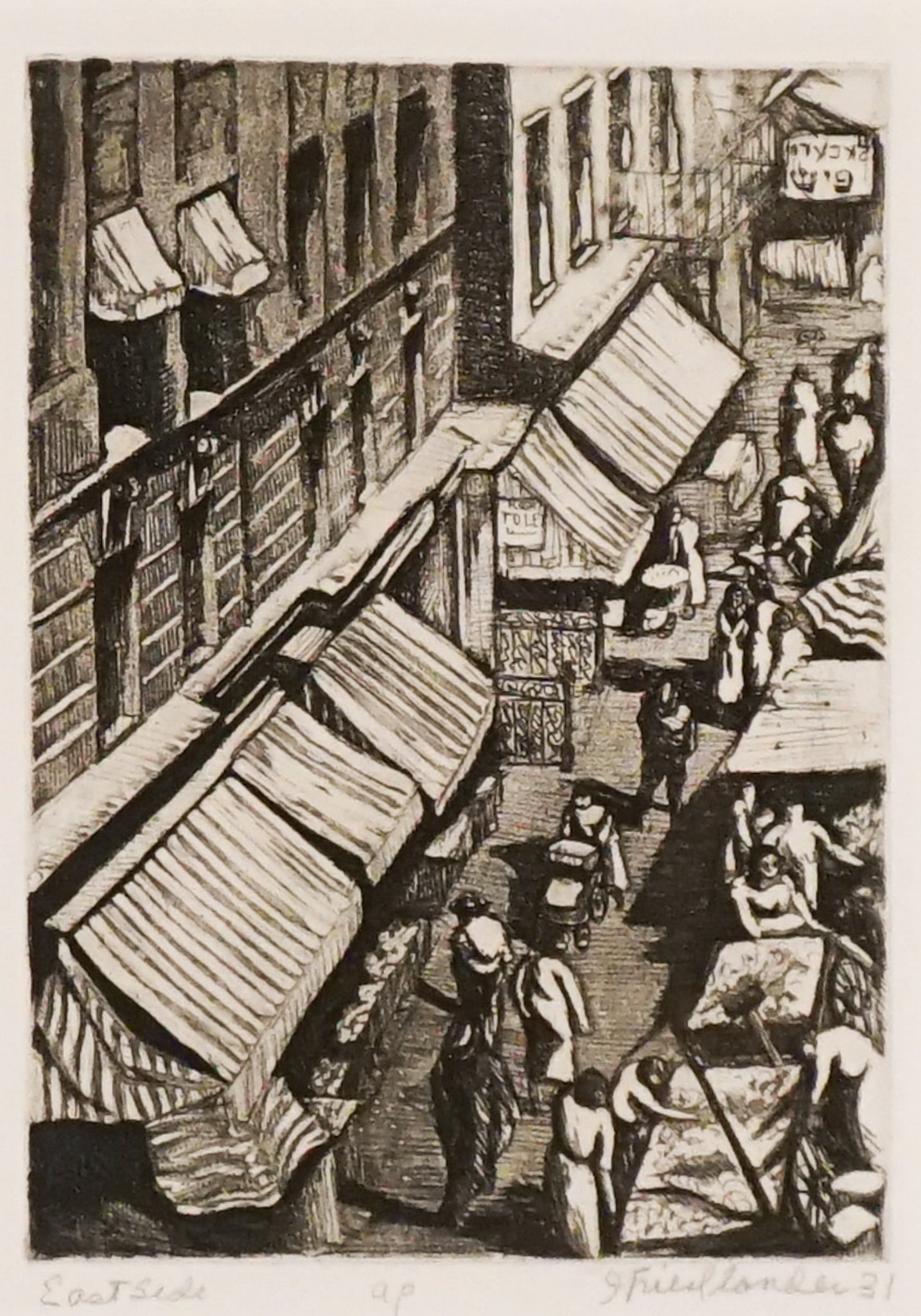 Isaac Friedlander (American 1890-1968), East Side (New York), Etching, 1931, Sight size: 216 x 159: Isaac Friedlander(American, 1890-1968)East Side (New York)Etching, 1931Signed and dated I Friedlander 31 in graphite l.r., inscribed AP in graphite l.c. and titled East Side in graphite l.l.<