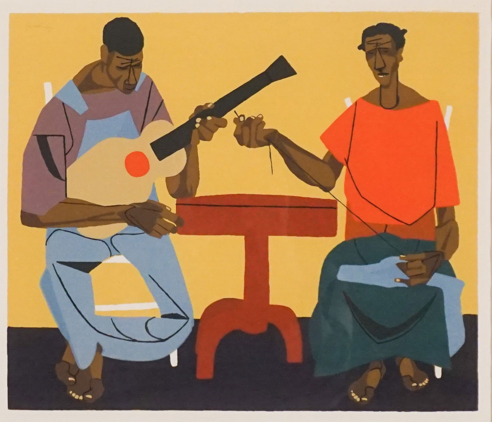 Robert Gwathmey (American 1903-1988), Singing and Mending, Screenprint in color, 1946, Sight size:: Robert Gwathmey(American, 1903-1988)Singing and MendingScreenprint in color, 1946Signed with stamped signature Gwathmey u.l.Property from a Prominent Potomac CollectionPro
