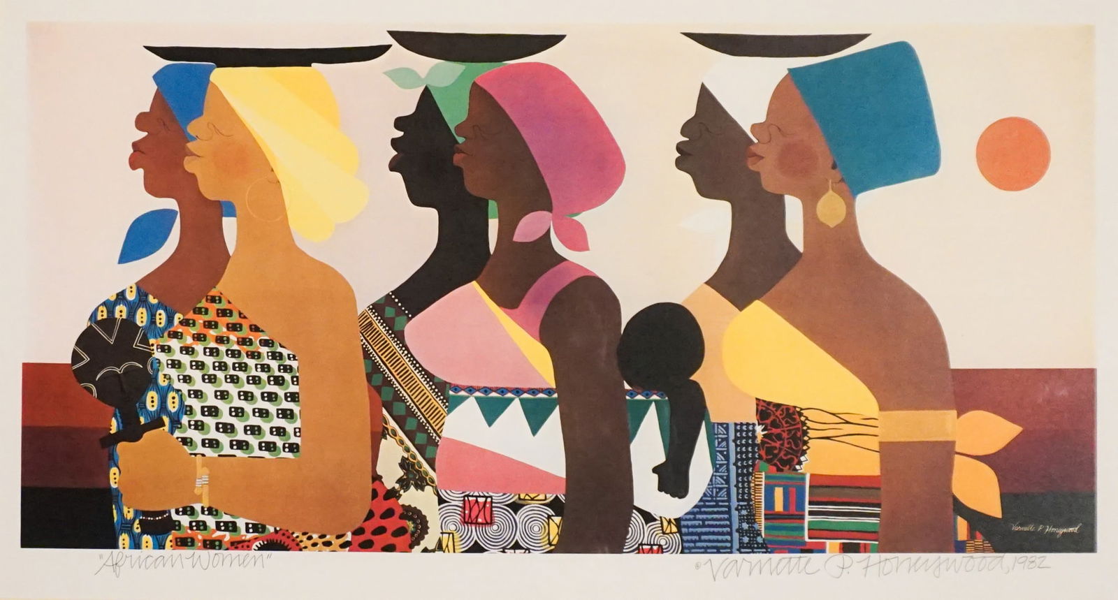 Varnette P. Honeywood (American 1950-2010), African Women, Offset lithograph in color, Sight size:: Varnette P. Honeywood(American, 1950-2010)African WomenOffset lithograph in colorSigned and dated ©Vanette P. Honeywood, 1982 in graphite l.r. and titled African Women in graphite l.l.