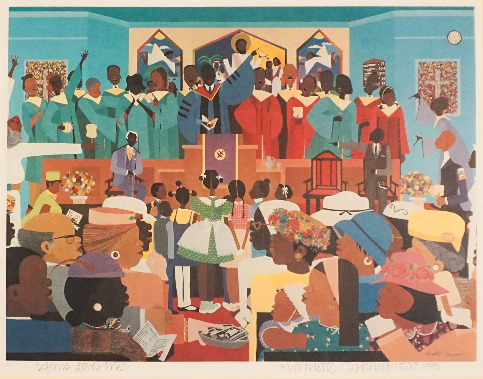 Varnette P. Honeywood (American 1950-2010), Jesus Loves Me, Offset lithograph in color, Sight size:: Varnette P. Honeywood(American, 1950-2010)Jesus Loves MeOffset lithograph in colorSigned and dated ©Varnette P. Honeywood, 1986 in graphite l.r. and titled Jesus Loves Me in graphite l.l.