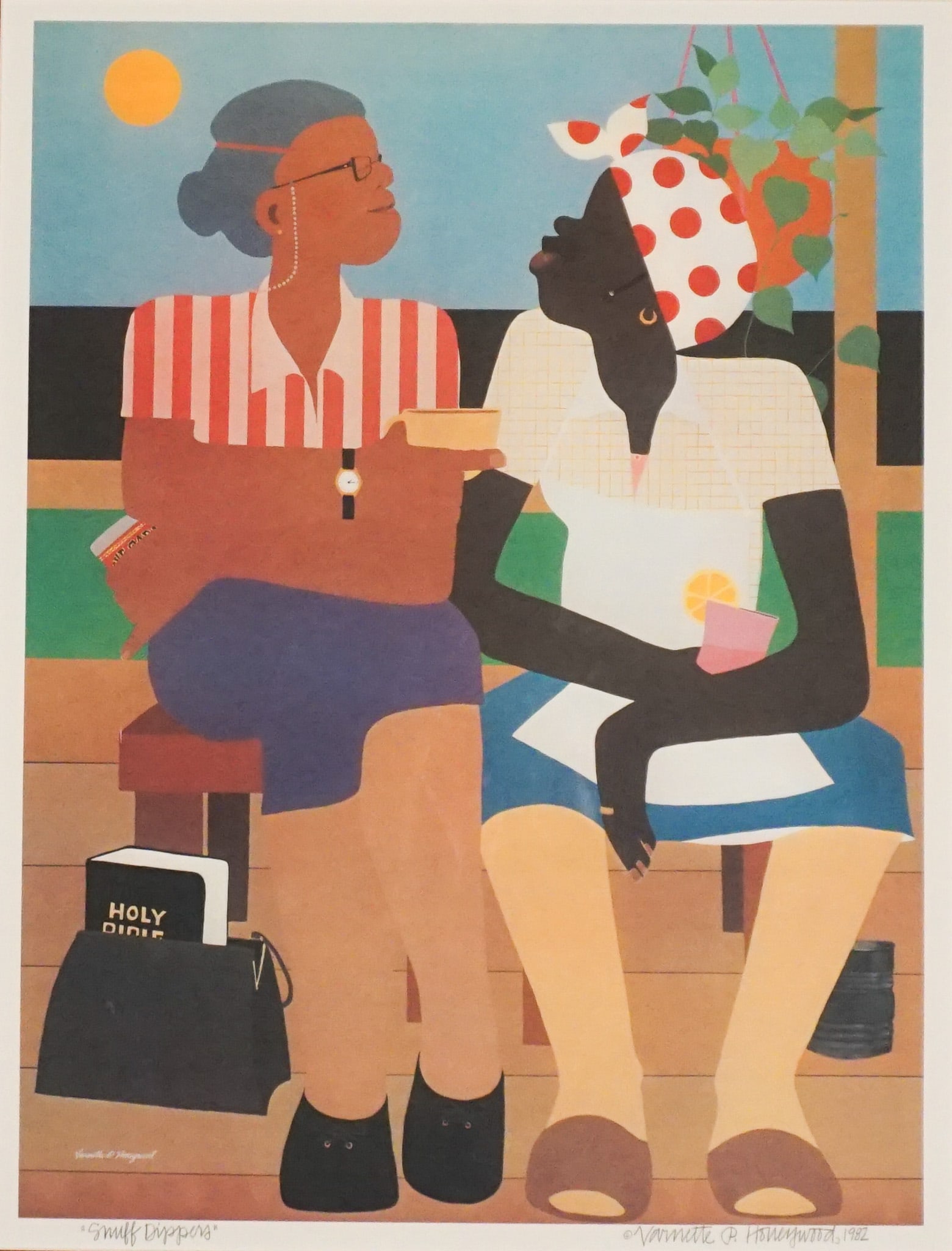 Varnette Honeywood (American 1950-2010), Snuff Dippers, Offset lithograph in color, Sight size: 648: Varnette Honeywood(American, 1950-2010)Snuff DippersOffset lithograph in colorSigned and dated ©Varnette P. Honeywood, 1982 in graphite l.r. and titled Snuff Dippers in graphite l.l.
