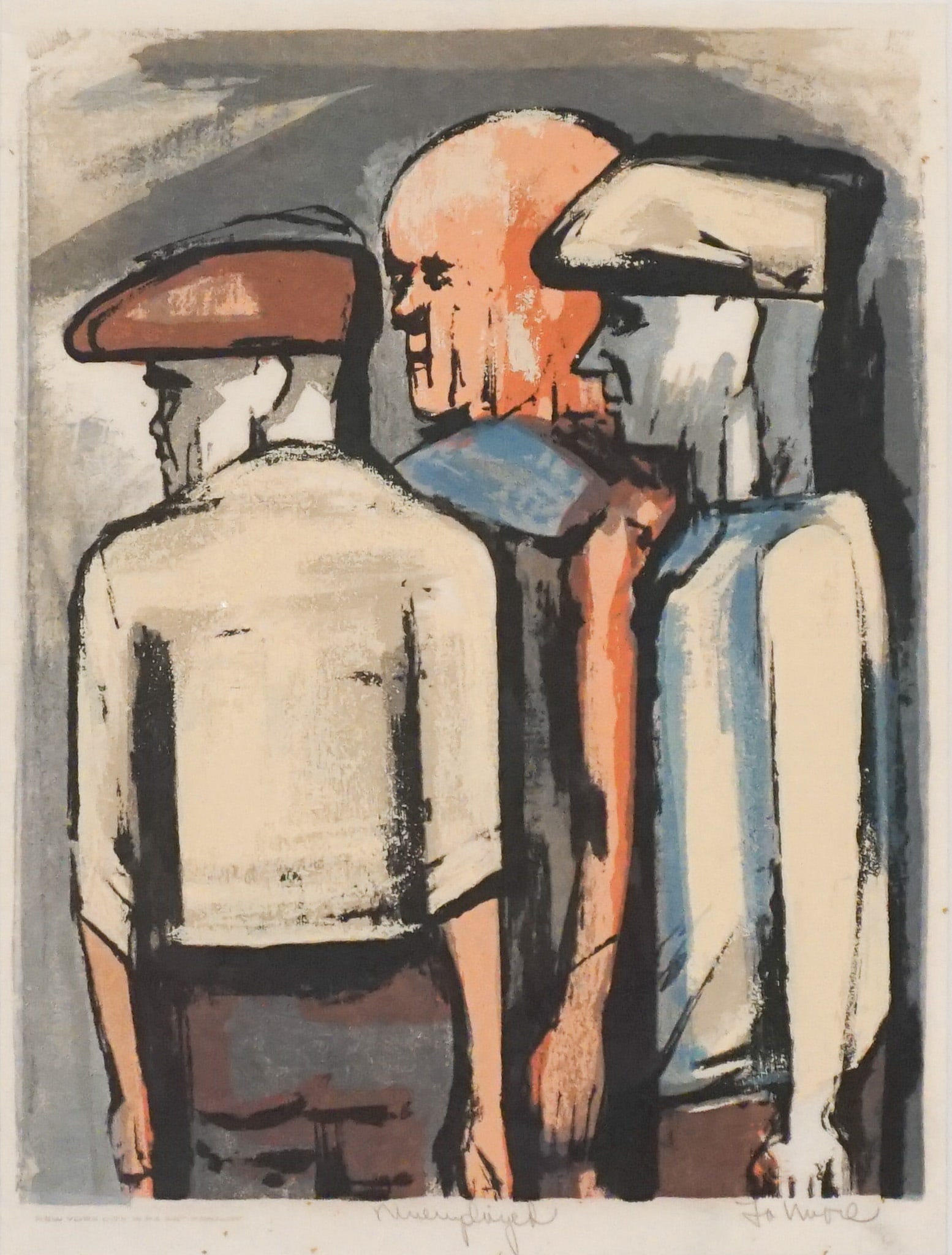 Chet La More (American 1908-1980), Unemployed, Screenprint in color, 1937, Sight size: 381 x 286 mm: Chet La More(American, 1908-1980)UnemployedScreenprint in color, 1937Signed La More, titled Unemployed l.c. and stamped New York City W.P.A. Project l.l., from an edition of 25