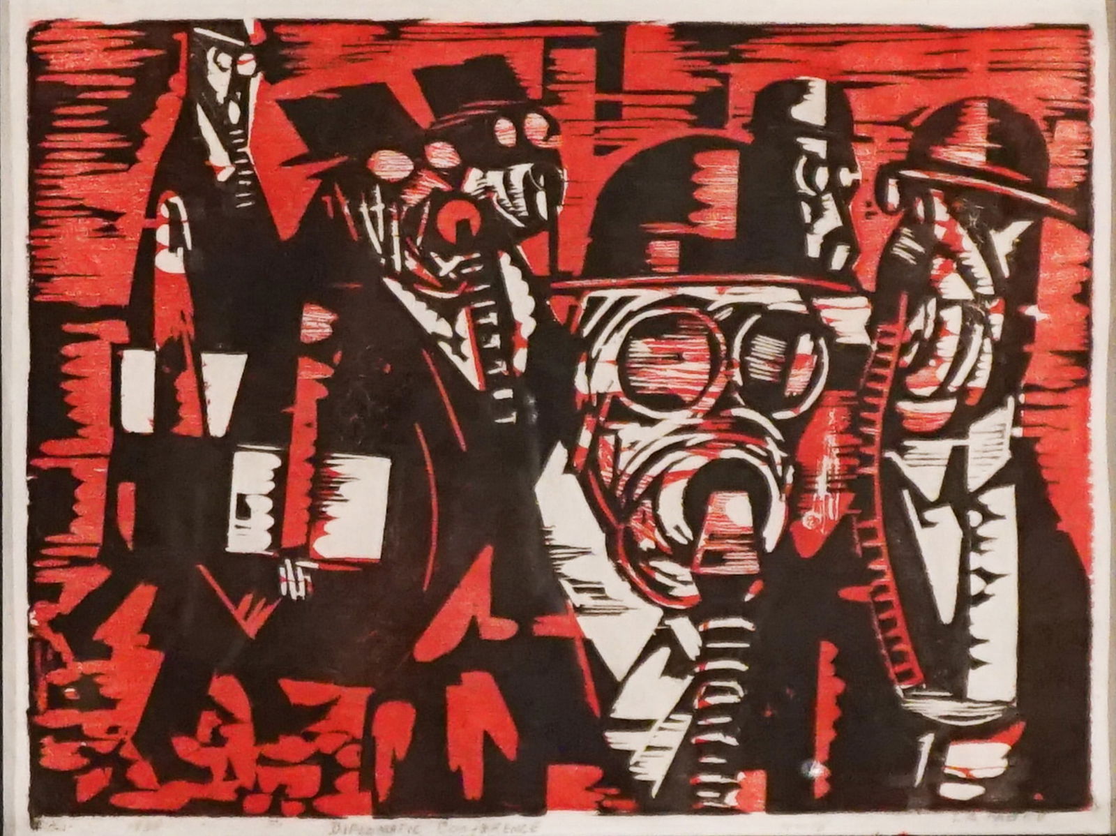 Chet La More (American 1908-1980), Diplomatic Conference, Woodcut in color, Sight size: 235 x 311 mm: Chet La More(American, 1908-1980)Diplomatic ConferenceWoodcut in colorSigned La More in graphite l.r., titled Diplomatic Conference in graphite l.c. and dated 1938 in graphite l.l., from an e