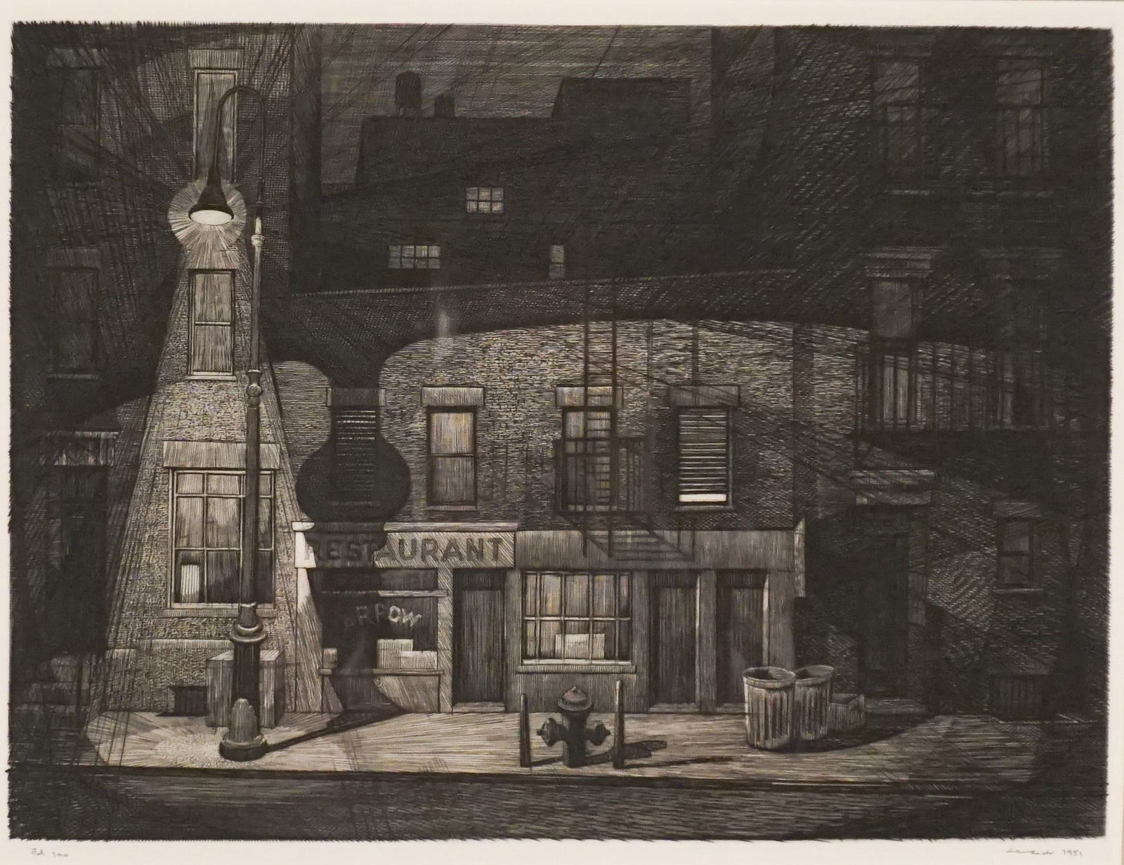 Armin Landeck (American 1905-1984), Restaurant (Kraeft 109), Engraving, Sight size: 318 x 413 mm: Armin Landeck(American, 1905-1984)Restaurant (Kraeft 109)EngravingSigned Landeck and dated 1951 in graphite l.r. and inscribed ED 100 in graphite l.l.Property from a Prominent