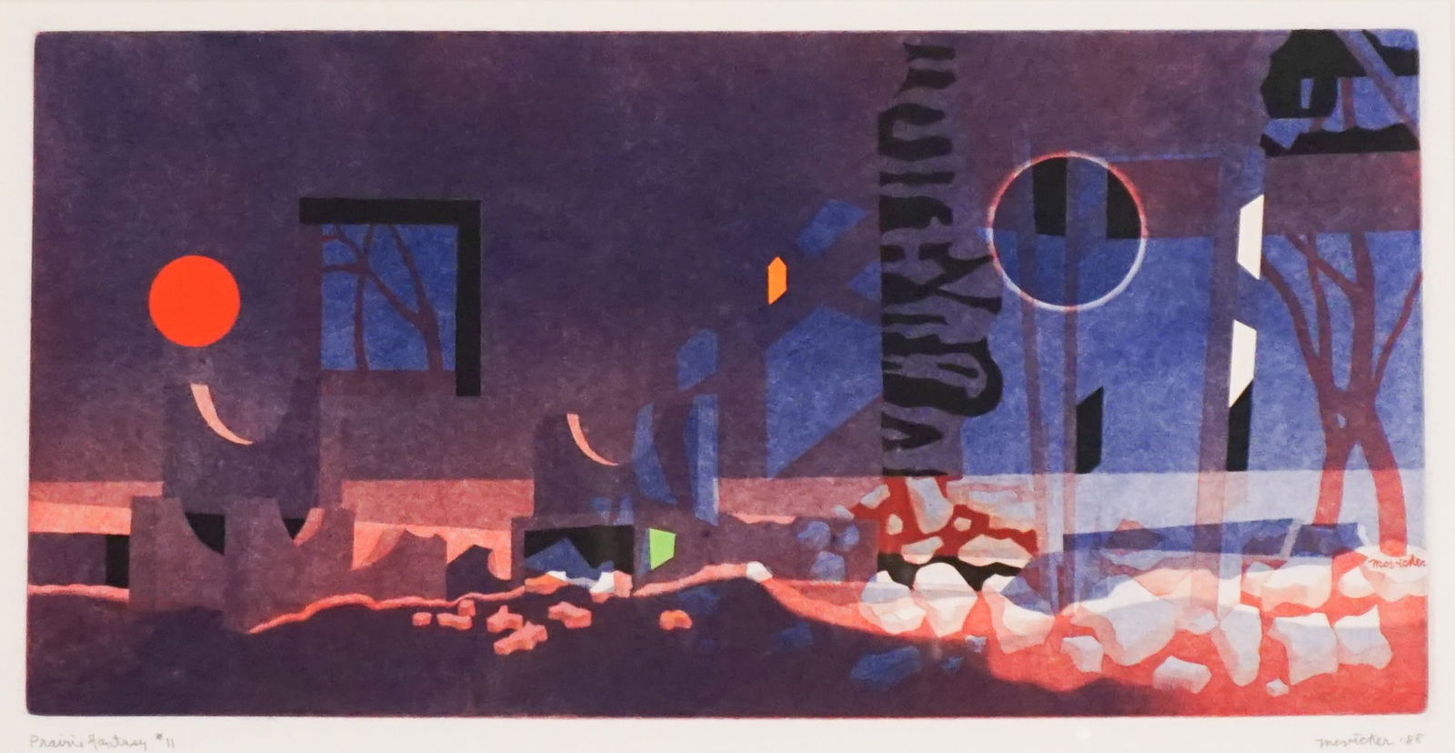 Jesse Jay McVicker (American 1911-2004), Prairie Fantasy #11, Monotype with collage, Sight size: 241: Jesse Jay McVicker(American, 1911-2004)Prairie Fantasy #11Monotype with collageSigned McVicker and dated 88 in graphite l.r., titled Prairie Fantasy #11 in graphite l.l.Propert