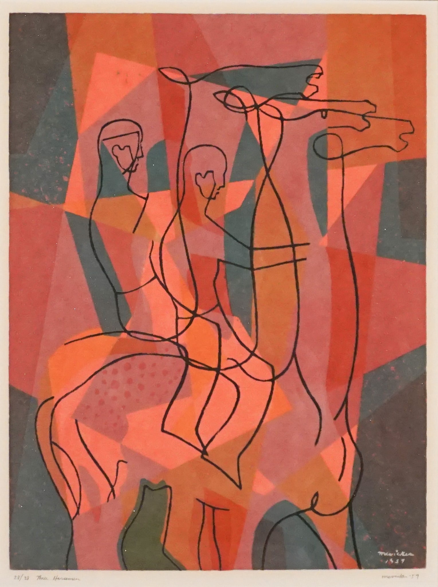 Jesse Jay McVicker (American 1911-2004), Three Horsemen, Silkscreen in color, Sight size: 432 x 330: Jesse Jay McVicker(American, 1911-2004)Three HorsemenSilkscreen in colorSigned McVicker and dated ’57 in graphite l.r., and titled Three Horsemen and numbered 28/38 in graphite l