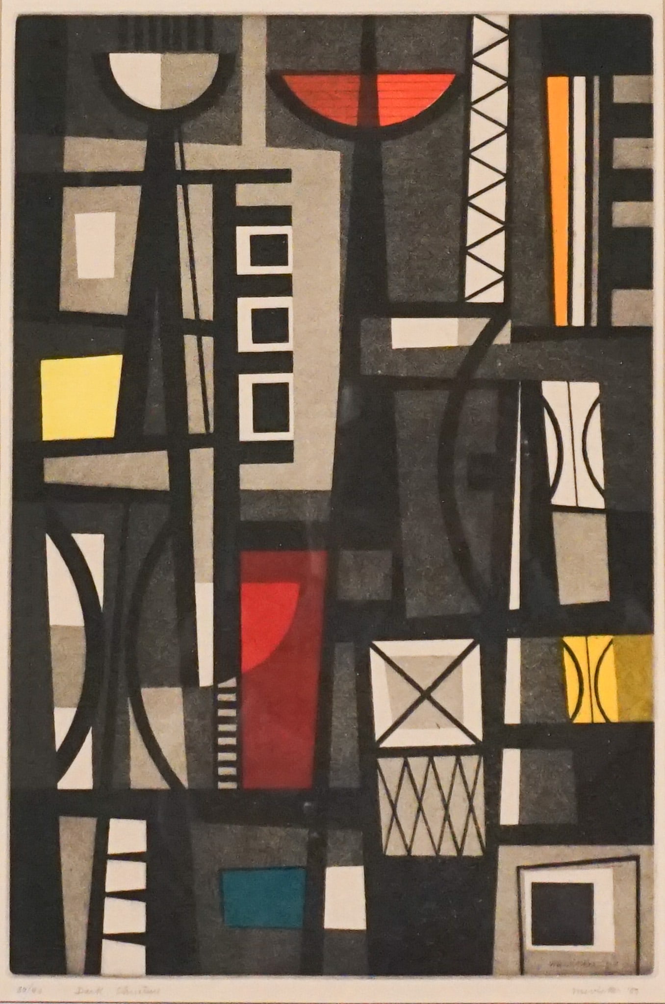 Jesse Jay McVicker (American 1911-2004), Dark Structure, Etching and aquatint in color, Sight size:: Jesse Jay McVicker(American, 1911-2004)Dark StructureEtching and aquatint in colorSigned McVicker and dated 59 in graphite l.r., titled Dark Structure in graphite l.c. and numbered 30/40<