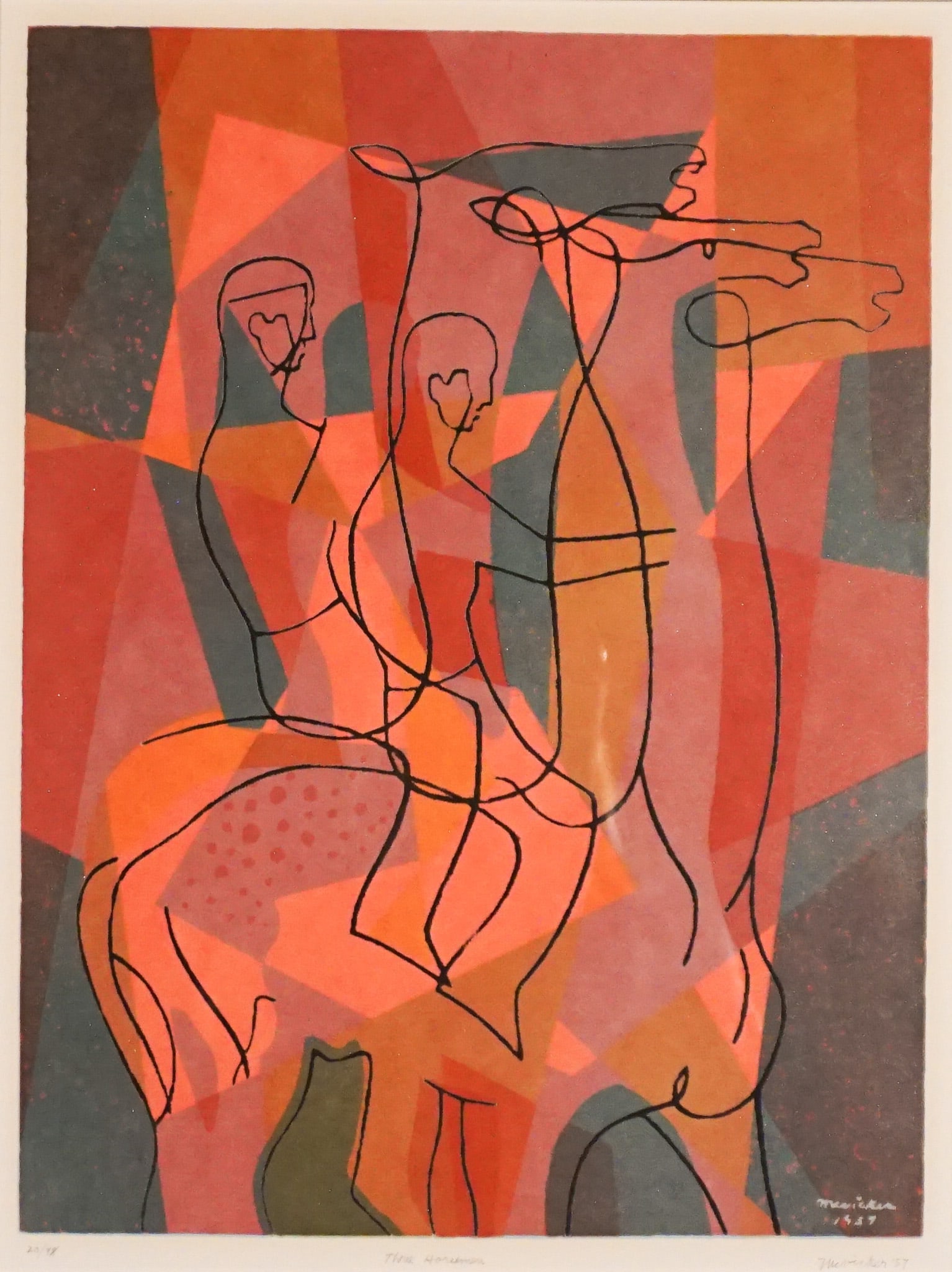 Jesse Jay McVicker (American 1911-2004), Three Horsemen, Silkscreen in color, Sight size: 432 x 330: Jesse Jay McVicker(American, 1911-2004)Three HorsemenSilkscreen in colorSigned McVicker and dated ’57 in graphite l.r., titled Three Horsemen in graphite l.c. and numbered 20/38