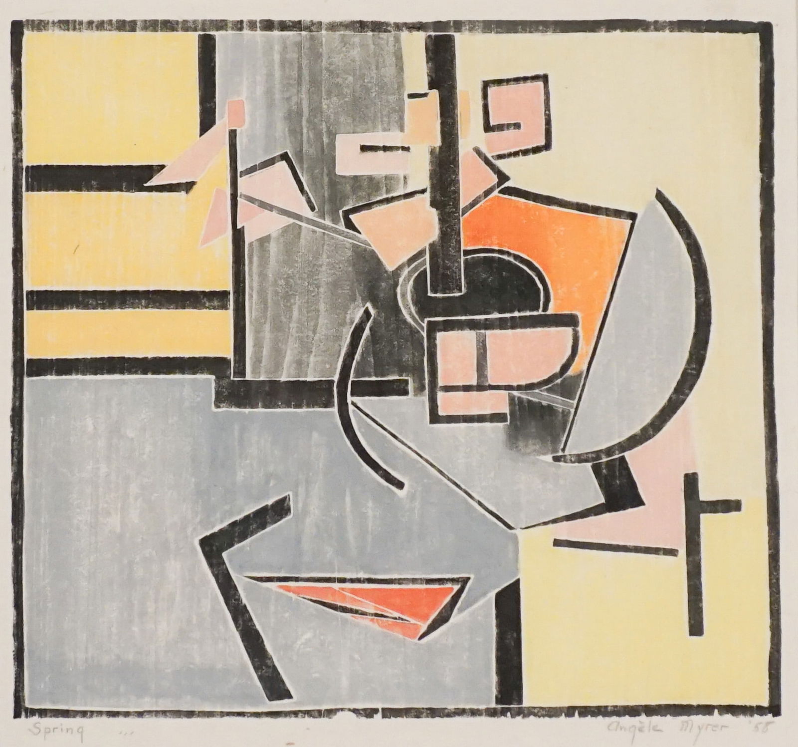 Angele Myrer (American 1896-1970), Spring, White line woodblock print in color, 1958, Sight size: (1 of 2)