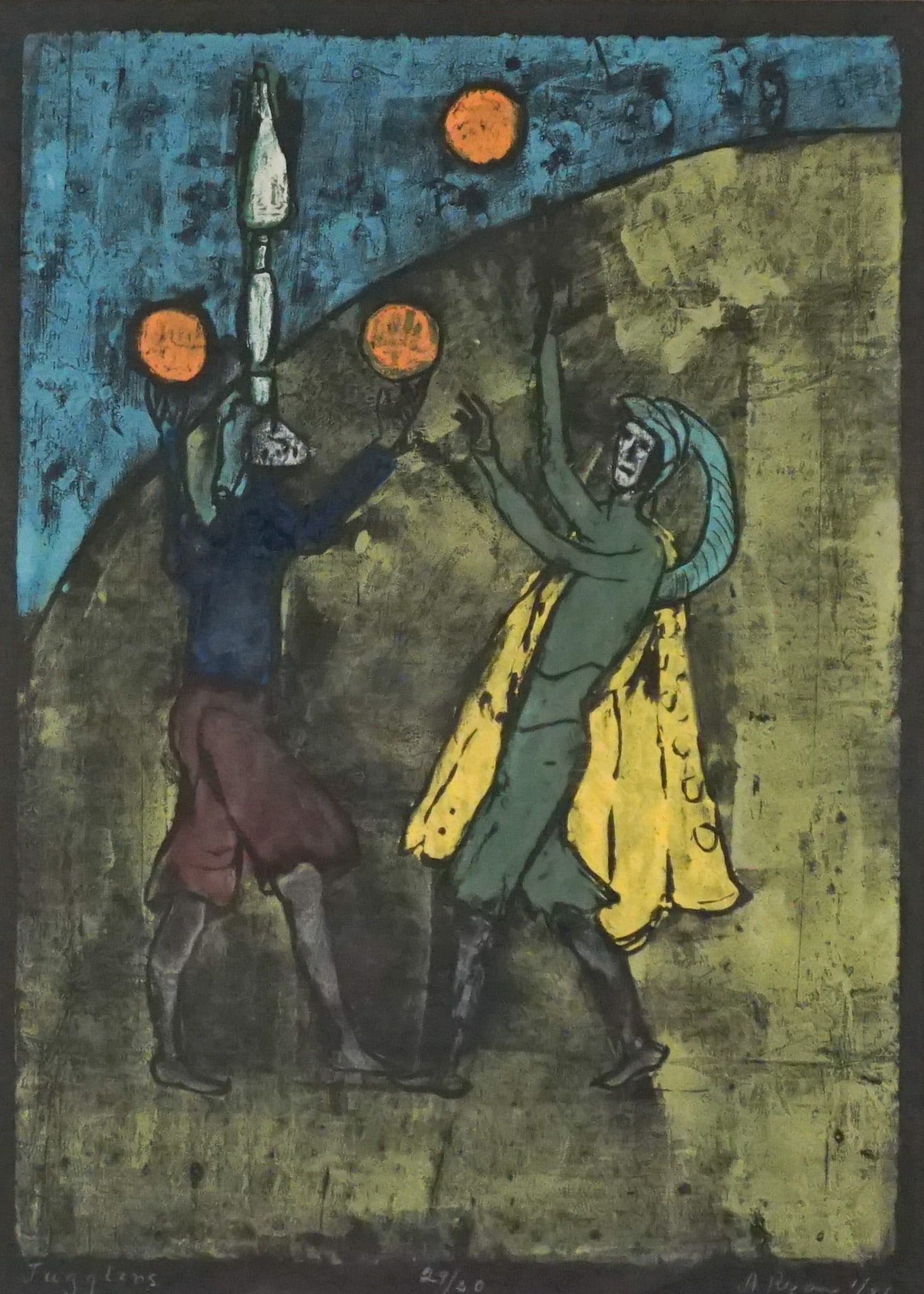 Anne Ryan (American 1889-1954), Jugglers, Woodcut in colors on black wove paper, 1946, Sheet size: (1 of 2)