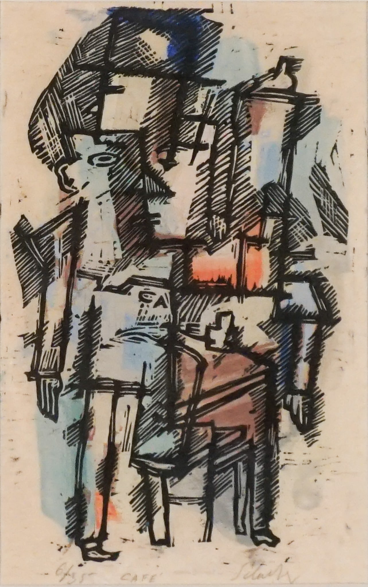 Louis Schanker (American 1903-1981), Cafe, Woodblock print in color, Sight size: 248 x 152 mm (9-3/4 (1 of 2)