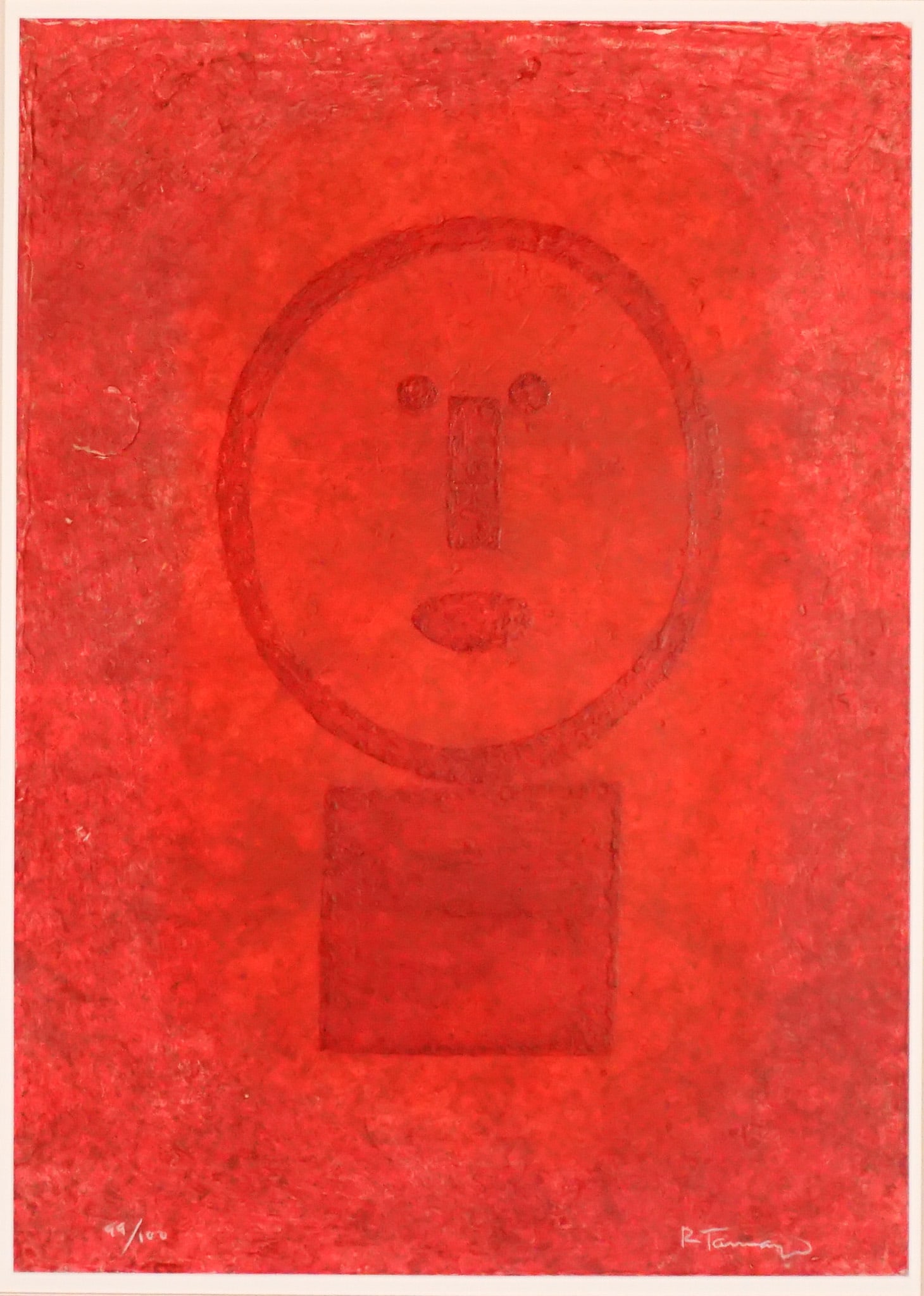 Rufino Tamayo (Mexican 1899-1991), Cara en Rojo (Pareda 236), Mixograf?a on Arches paper, 1977,: Rufino Tamayo(Mexican, 1899-1991)Cara en Rojo (Pareda 236)Mixografía on Arches paper, 1977Signed R. Tamayo in white crayon l.r. and numbered 99/100 in white crayon l.l., printed by Taller de Gr