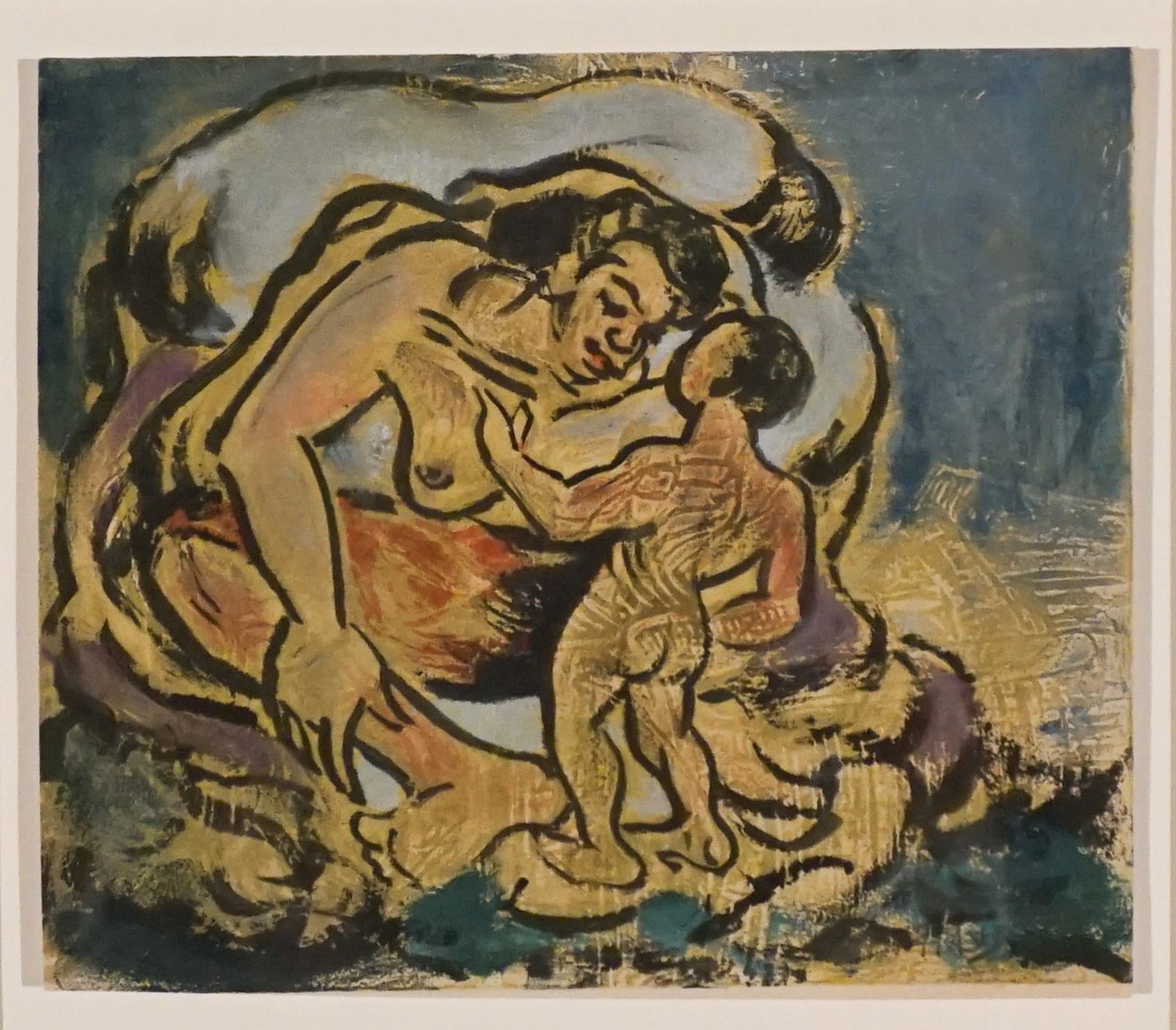 Dox Thrash (American 1893-1965), Mother and Child, Color carborundum relief etching and aquatint: Dox Thrash(American, 1893-1965)Mother and ChildColor carborundum relief etching and aquatint with burlap matSigned Thrash in print l.r.Property from a Prominent Potomac Collection<