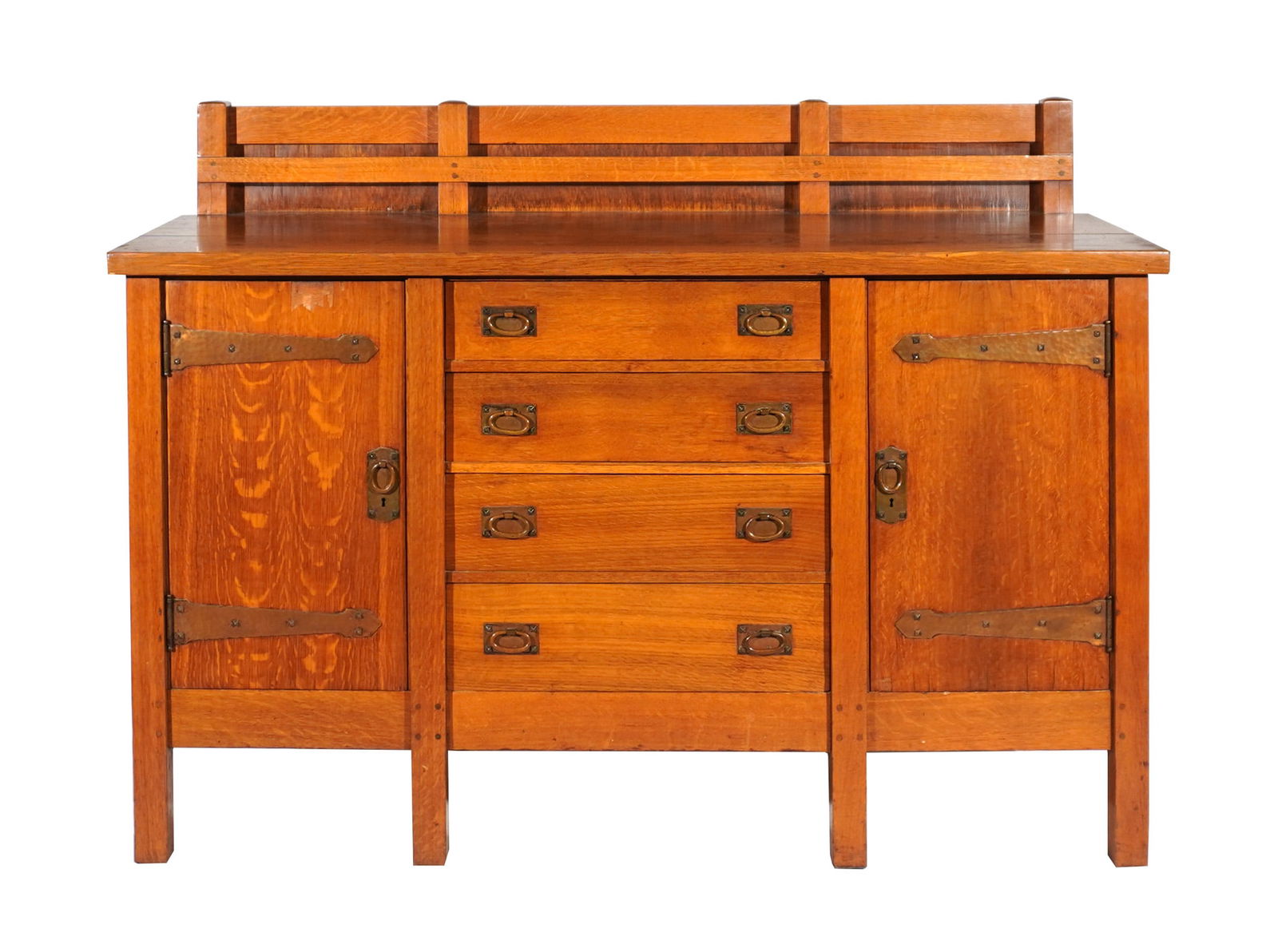 Gustav Stickley Oak Eight-Leg Sideboard, Model 817, Circa 1904, Height: 50 in (127 cm); Width: 70 in (1 of 2)