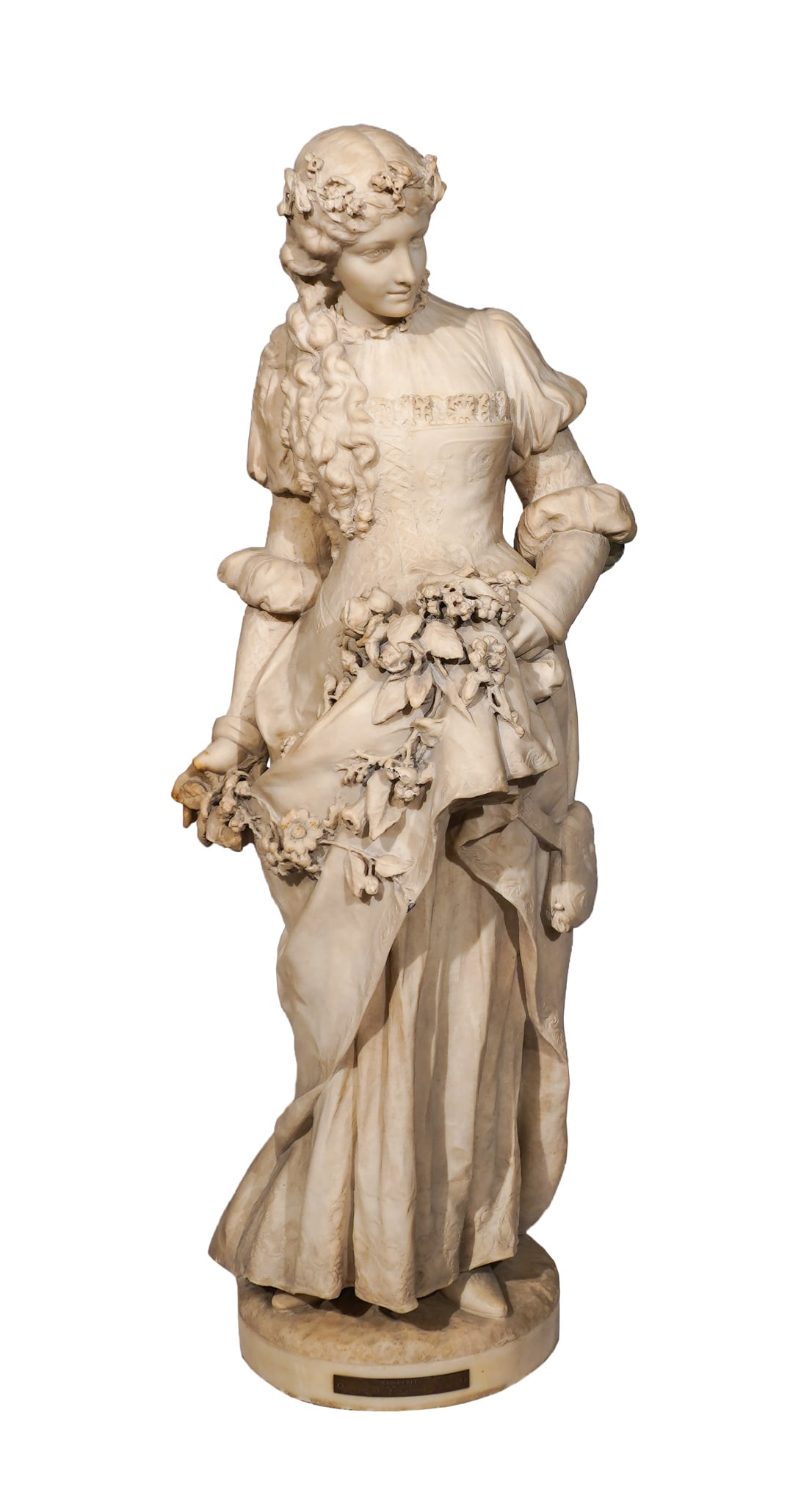 Orazio Andreoni (Italian 1840-1895), Marguerite, Carved white marble sculpture, Height: 37 in (94: Orazio Andreoni(Italian 1840-1895)MargueriteCarved white marble sculptureSigned in script. With applied presentation plaque Marguerite/Presented by Mr. William C. Downing/ To Union League/ O. Andreoni