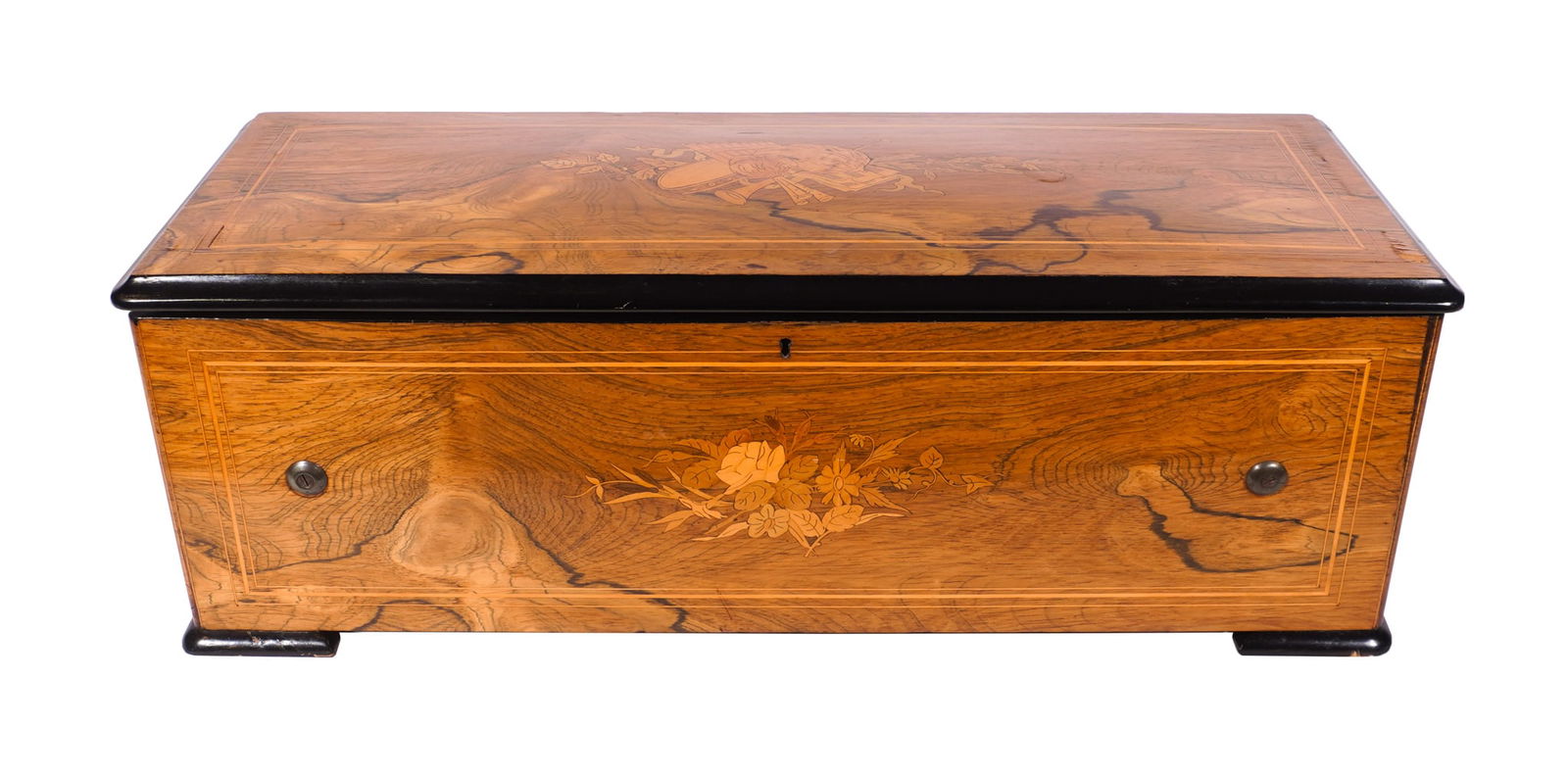 Swiss Partial Ebonized and Partial Colored Marquetry Rosewood Orchestral Music Box, Circa 1890,: Swiss Partial Ebonized and Partial Colored Marquetry Rosewood Orchestral Music BoxCirca 1890Having a 17-1/2 inch cylinder playing 12 airs.Property from a Prominent Potomac CollectionCase: 10 x 29-1/2