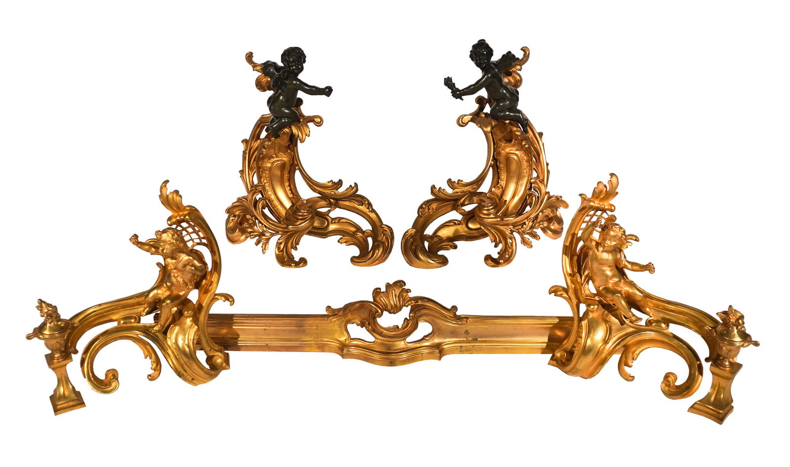 Two Pairs of Louis XV Style Ormolu Putti Chenets, Early 20th Century, Height of taller pair: 18-1/2: Two Pairs of Louis XV Style Ormolu Putti ChenetsSmaller Chenets and Fender marked Bouhon, Paris, Late 19th-Early 20th CenturyThe taller pair with bronze mounts; the smaller pair together with a fender