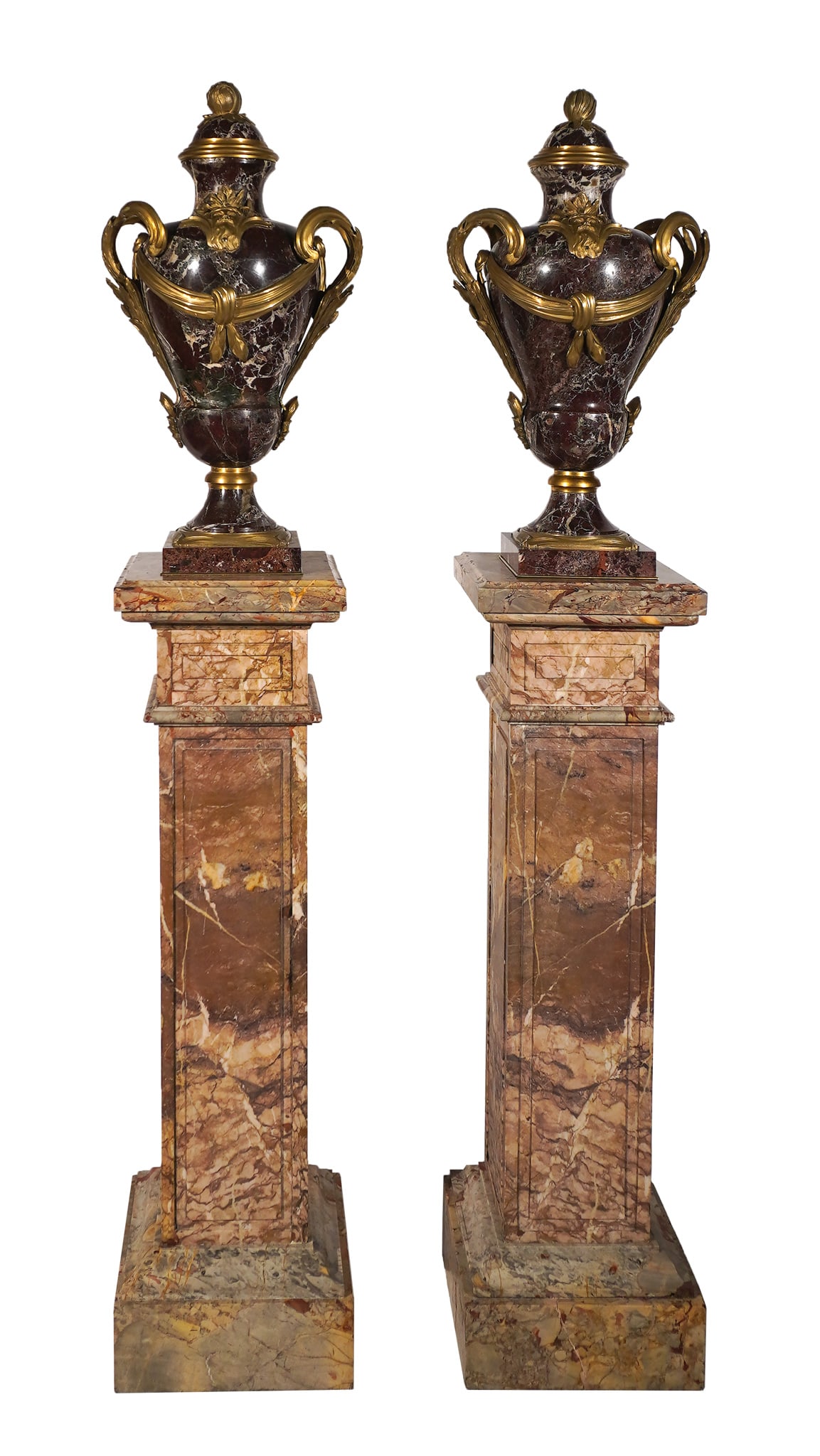 Pair of Louis XVI Style Ormolu Mounted Mottled Lavender Marble Urns on Mottled Rouge and Cream (1 of 2)