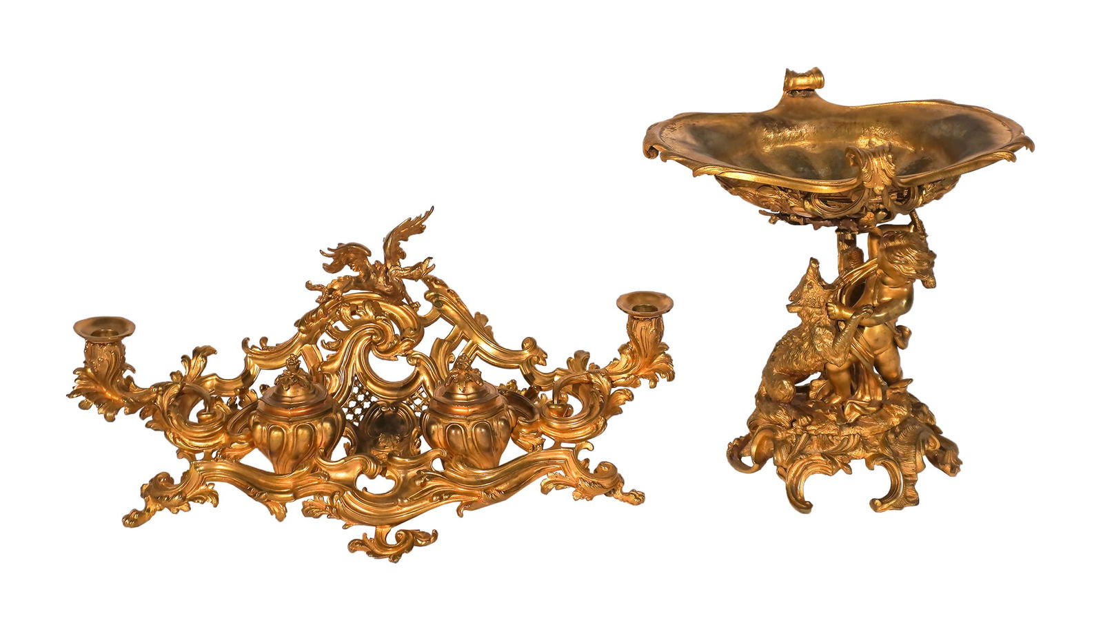 Louis XV Style Ormolu Two-Bottle Encrier and Two 'Putti' Centerpieces, Early 20th Century, Height of: Louis XV Style Ormolu Two-Bottle Encrier and Two 'Putti' CenterpiecesEarly 20th CenturyProperty of a Virginia CollectorHeight of taller centerpiece: 13-3/4 in (35 cm)