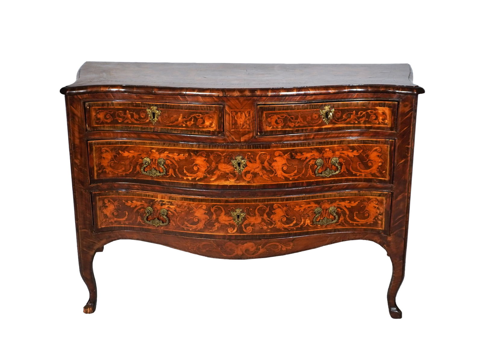 Northern Italian Rococo Varicolored Floral Satinwood Marquetry Rosewood Crossbanded and Figured: Northern Italian Rococo Varicolored Floral Satinwood Marquetry Rosewood Crossbanded and Figured Walnut CommodeLombardi Region, Circa 1800The top having a marquetry Classical reserve with a Roman warri