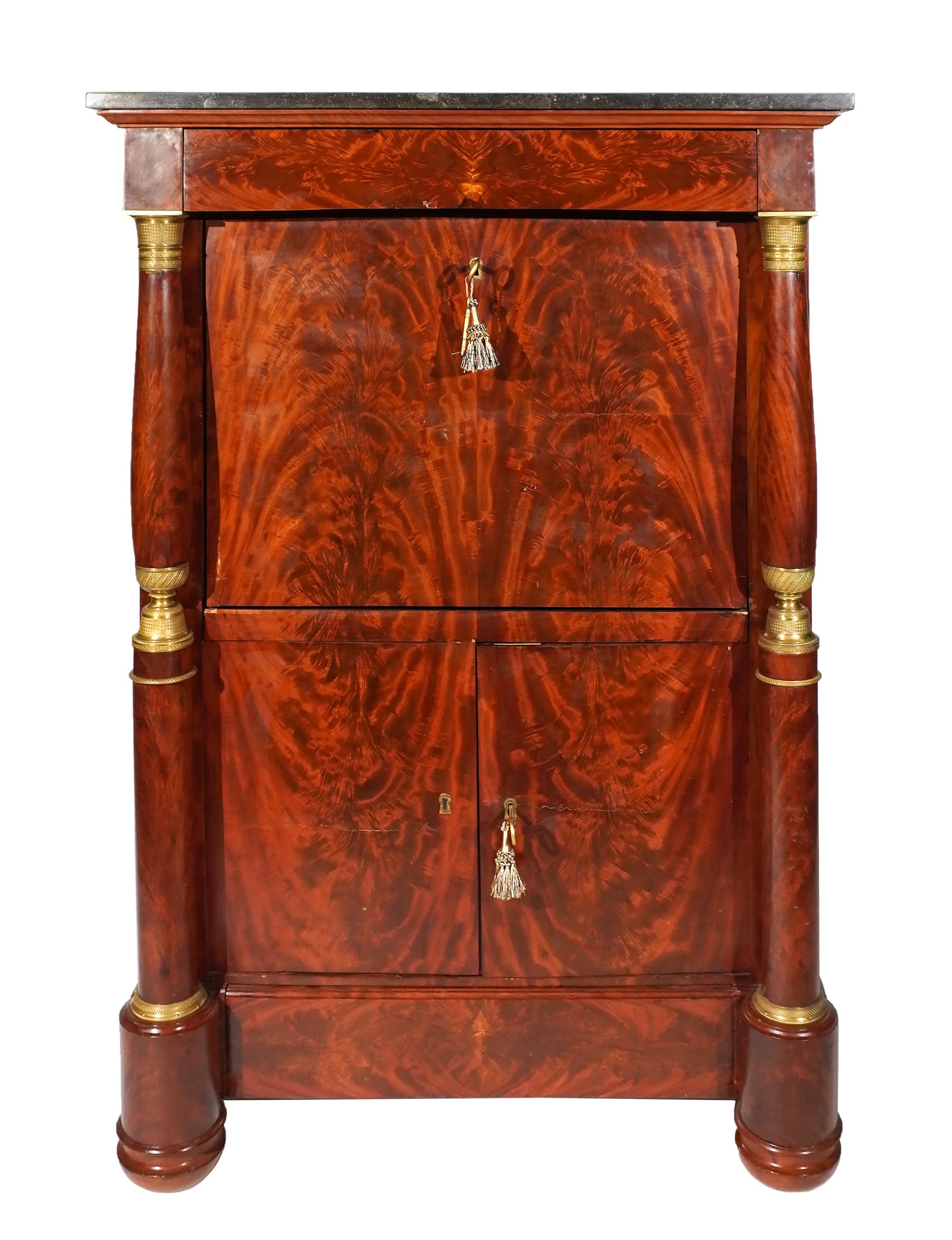 Charles X Ormolu Mounted Figured Mahogany and Granite Top Secr?taire ? Abattant, Circa 1825, Height: (1 of 3)