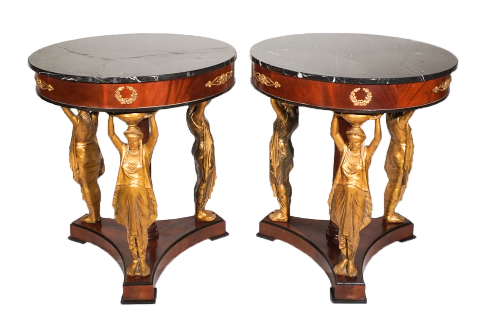 Pair of Empire Style Ormolu Mounted and Partial Gilt Mahogany and Mottled Gray Marble Top Gueridons, (1 of 2)