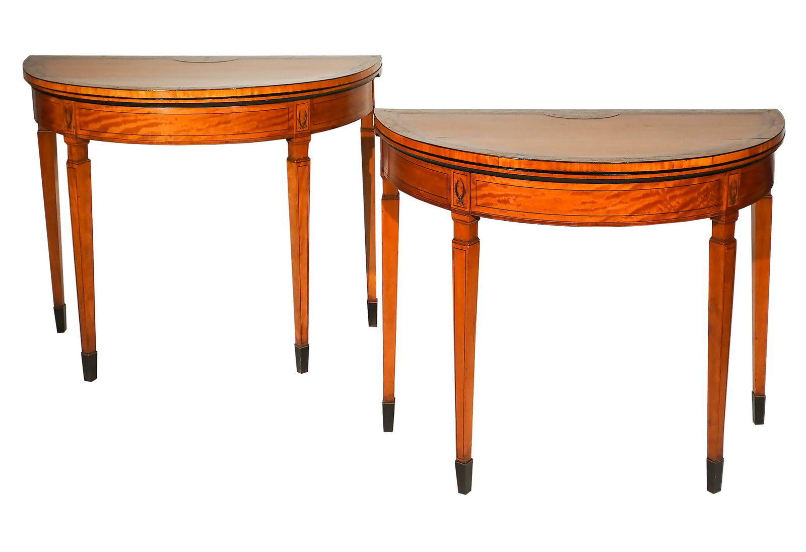 Pair of George III Floral Wreath Painted Crossbanded Satinwood Demilune Card Tables, Circa (1 of 3)