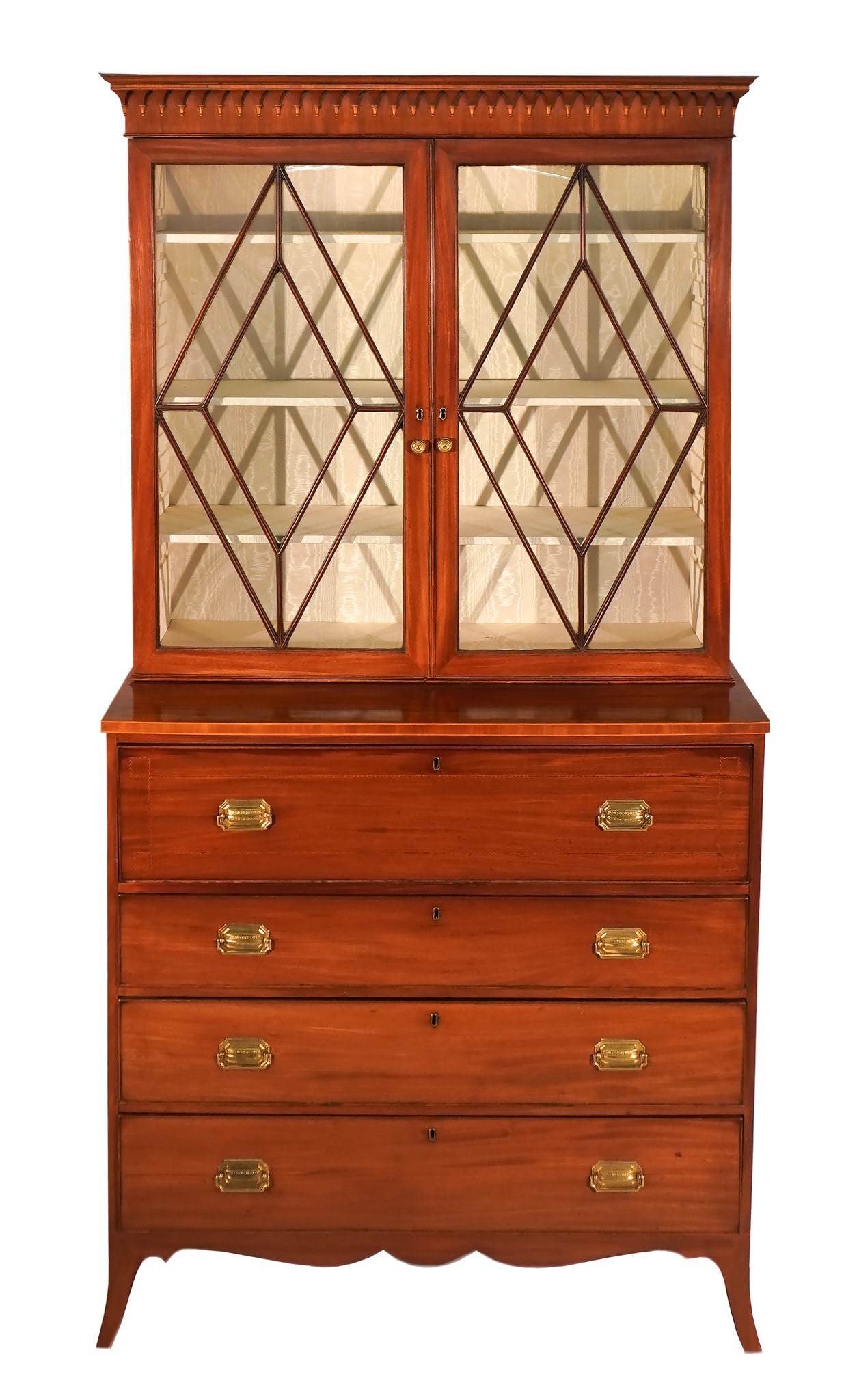 George III Style Satinwood Inlaid Mahogany Butler's Bureau-Bookcase, Mid-19th Century, Height: (1 of 2)