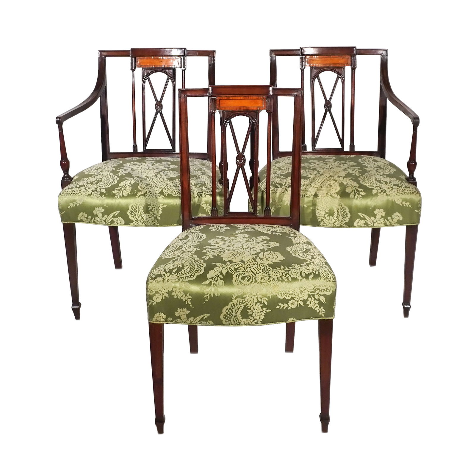 Set of Six George III Style Satinwood and Harewood Inlaid Mahogany Dining Chairs, Early 20th Century: Set of Six George III Style Satinwood and Harewood Inlaid Mahogany Dining ChairsEarly 20th CenturyConsisting of a pair of arms and four sides; each with green floral brocade silk damask upholstered se