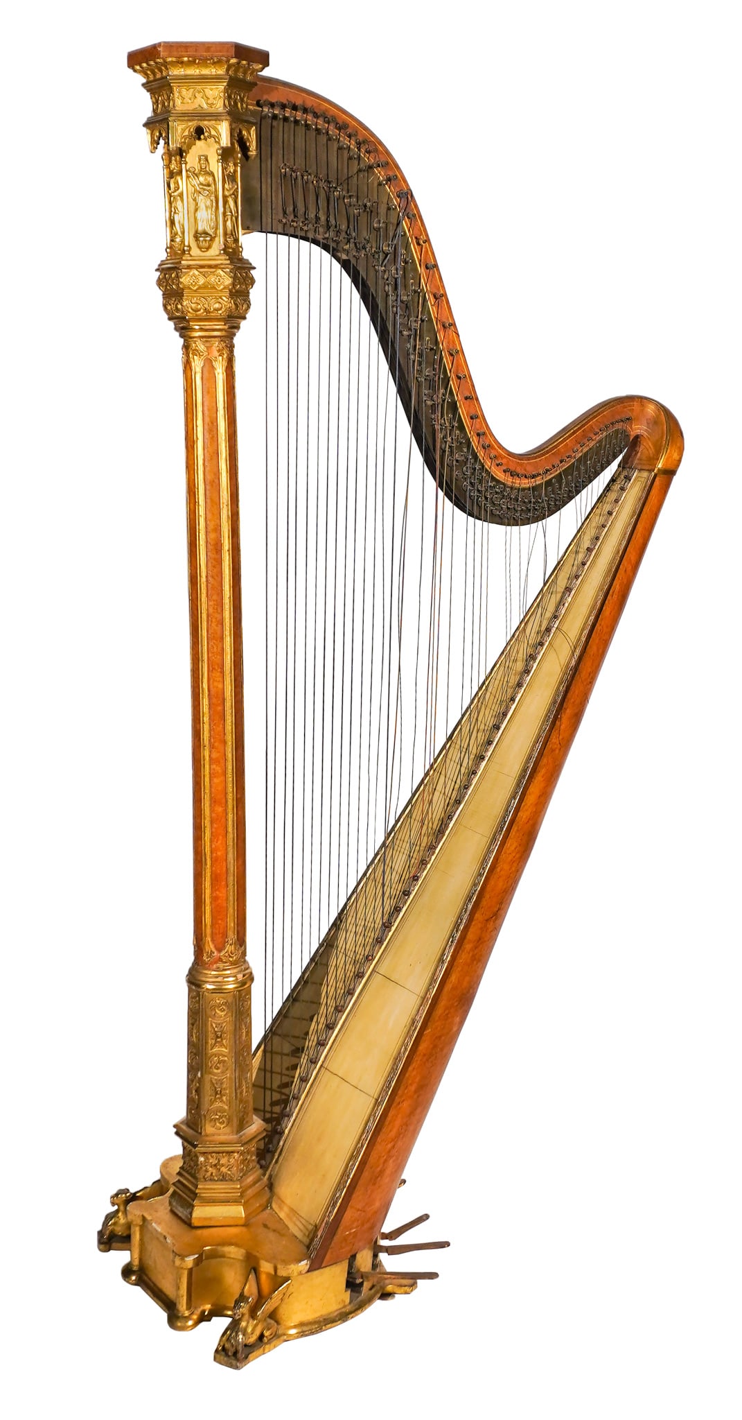 American Gothic Revival Partial Gilt Gesso Bird's-Eye Maple Grand Harp, Browne & Buckwell, New York, (1 of 4)