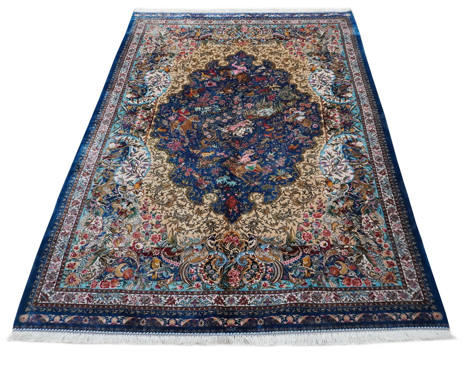 Qum Silk 'Hunting' Rug, Post 1950, 7 ft 3 in x 4 ft 11 in (221 x 150 cm) (1 of 1)