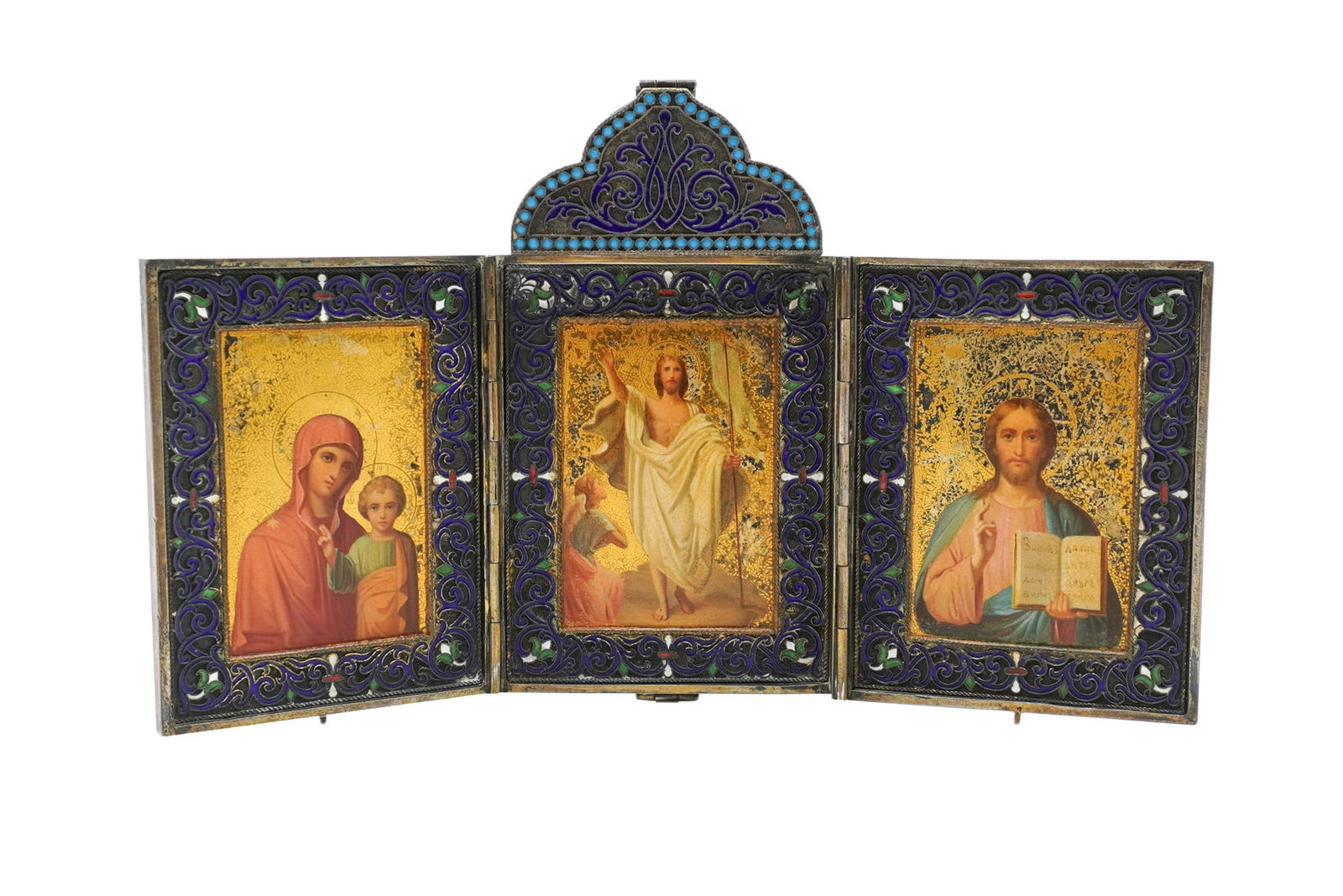 Russian Silver and Shaded Cloisonn? Enamel Triptych Travel Icon, St. Petersburg, 19th Century, Each: Russian Silver and Shaded Cloisonné Enamel Triptych Travel IconSt. Petersburg, 19th CenturyHaving three panels depicting the Madonna and Child, the Resurrection of Christ, and Christ Pantocrator;