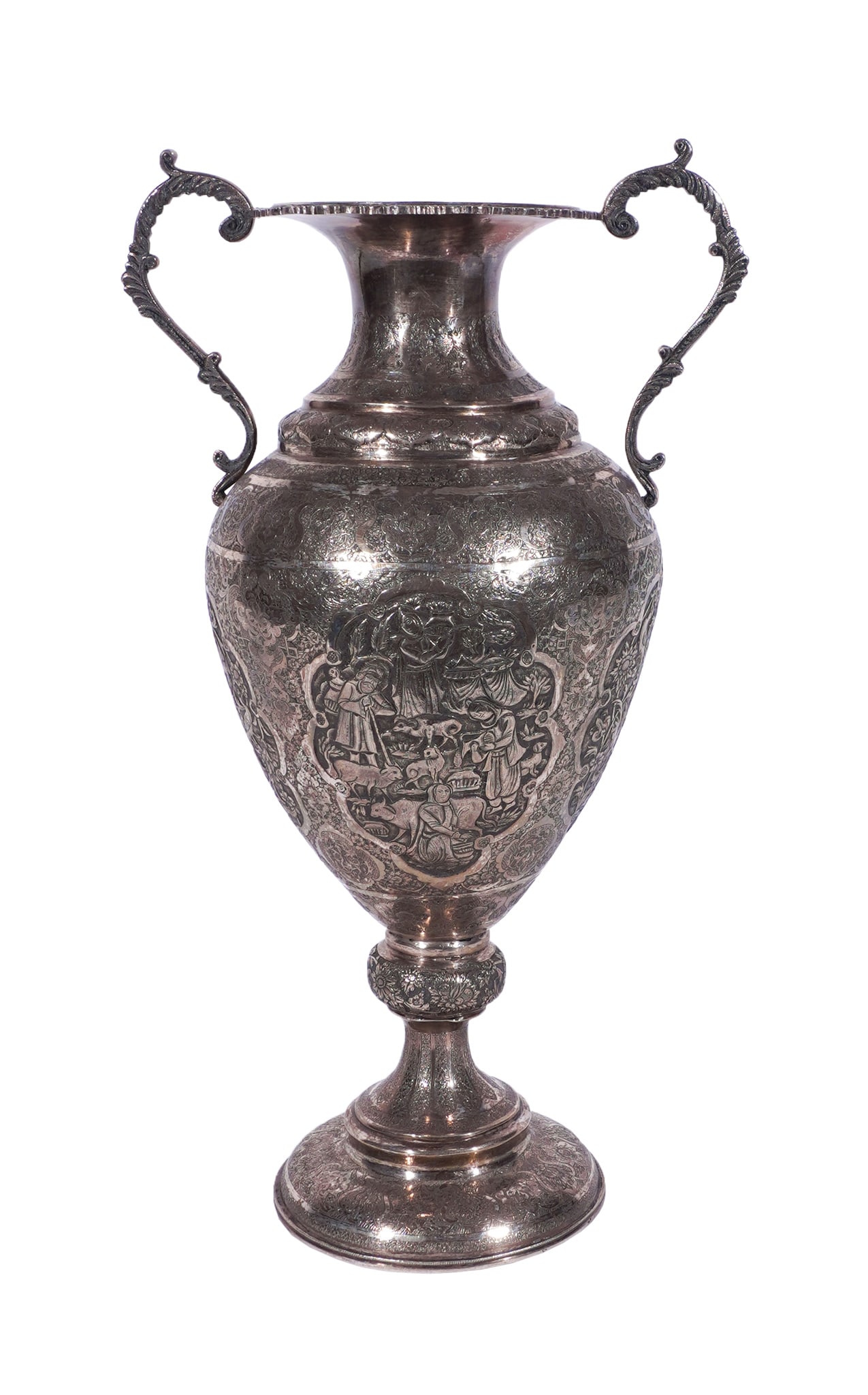 Persian Chased 875-Silver Two-Handle Pedestal Vase, Probably Isphahan, Mid-20th Century, Height: 19 (1 of 3)