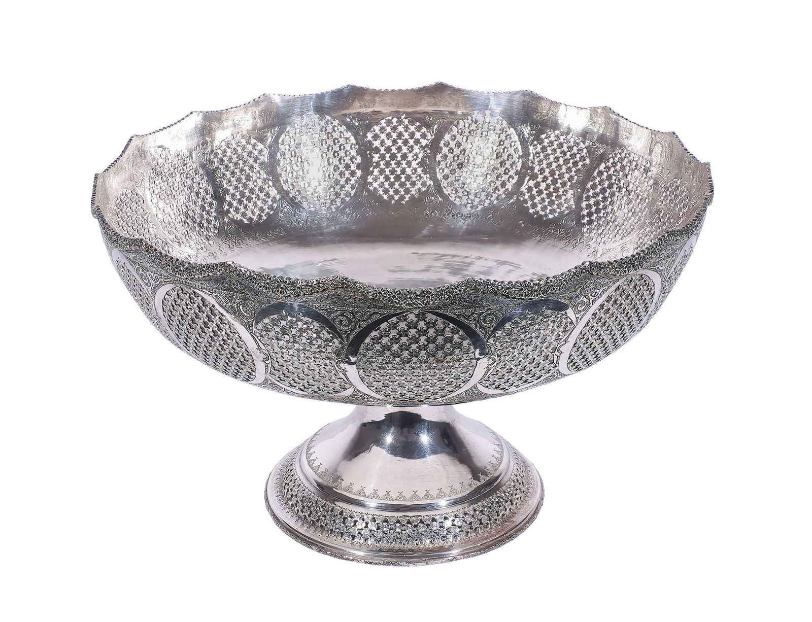 Persian Chased 875-Silver Pierced Pedestal Centerpiece, Probably Isphahan, Mid-20th Century, Height: (1 of 3)