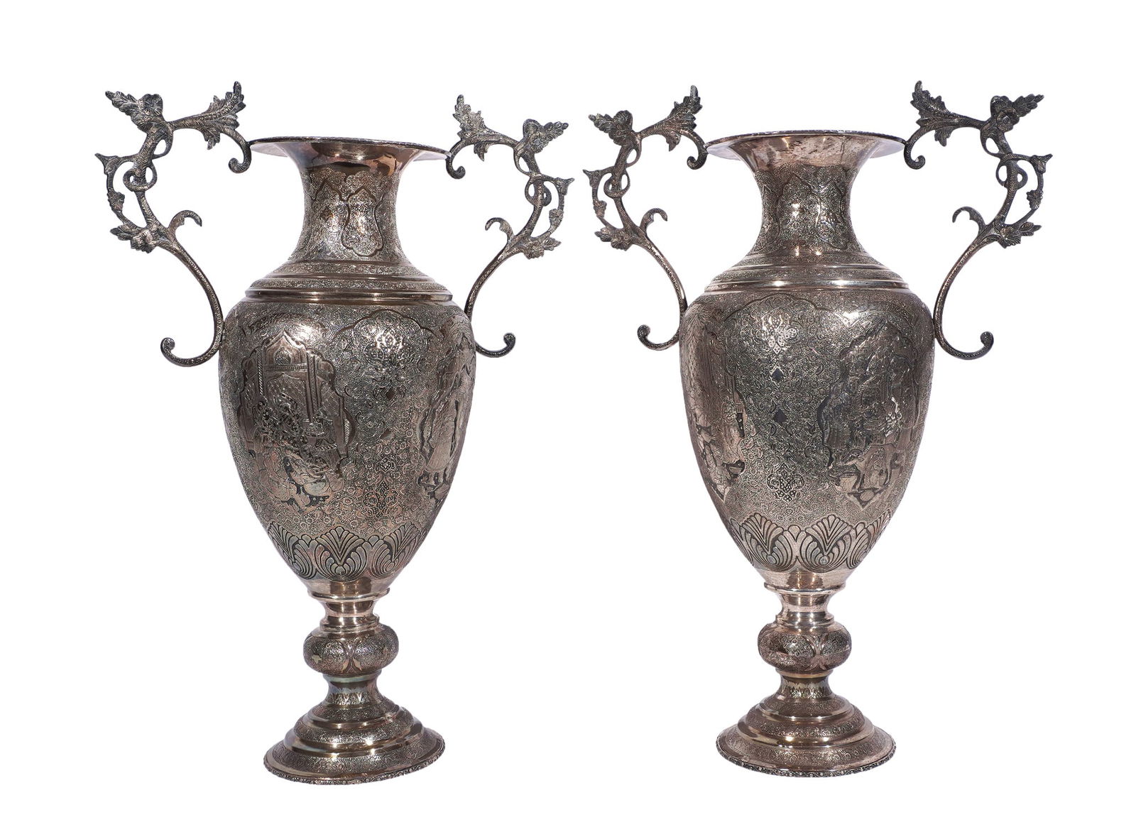 Pair of Persian Chased 875-Silver Two-Handle Pedestal Vases, Probably Isphahan, Mid-20th Century, (1 of 3)