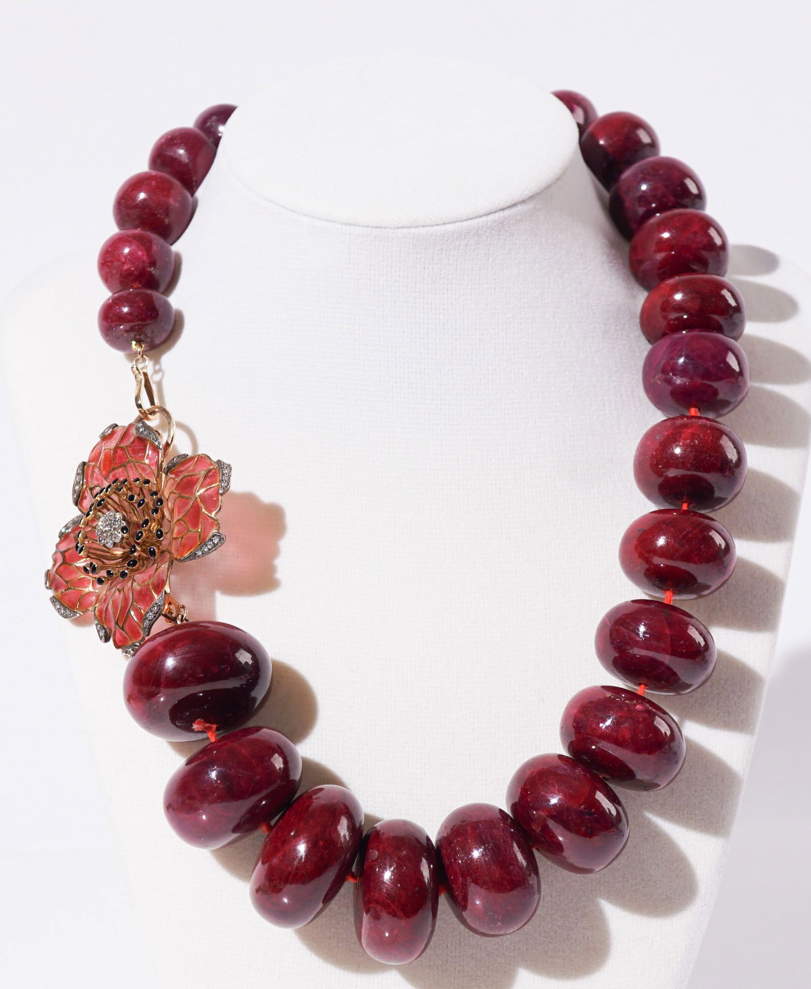 Tested 14-Karat Yellow-Gold, Ruby Bead, Diamond and Plique-?-Jour Necklace, Length: 18 in (45.7 cm) (1 of 1)