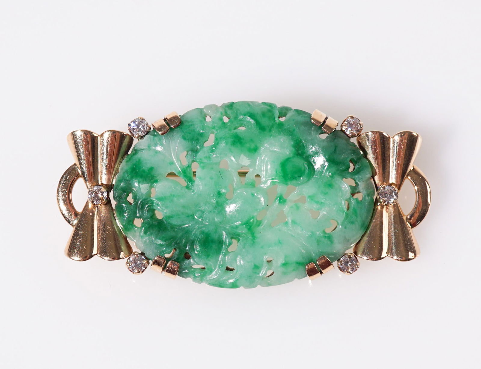 Tiffany & Co. Retro 14-Karat Yellow-Gold, Jadeite and Diamond Brooch, Gross weight: 7.4 dwt., (1 of 1)