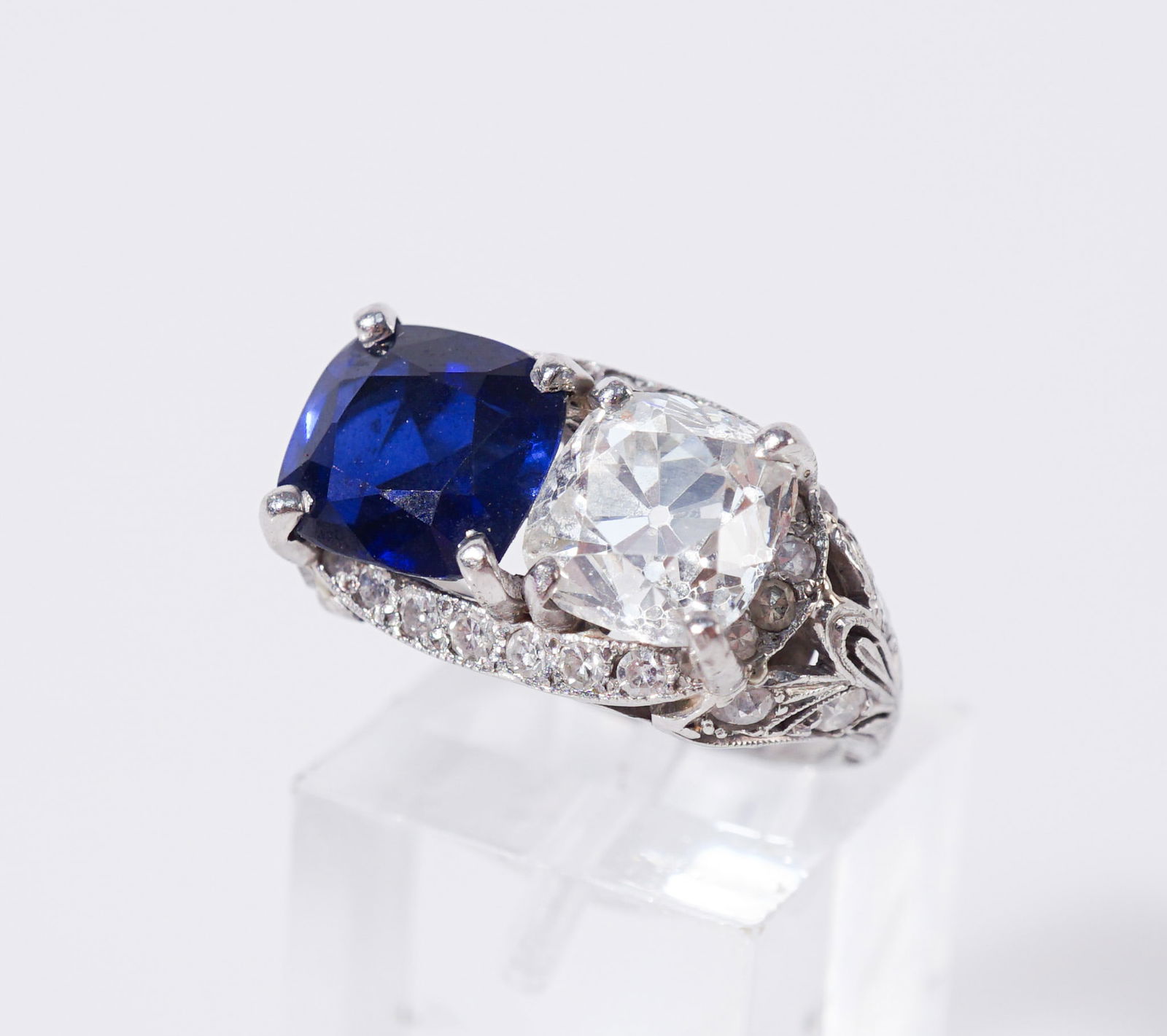 Edwardian Platinum, Diamond and Synthetic Blue Sapphire Ring, Circa 1910, Total weight of diamonds: (1 of 2)