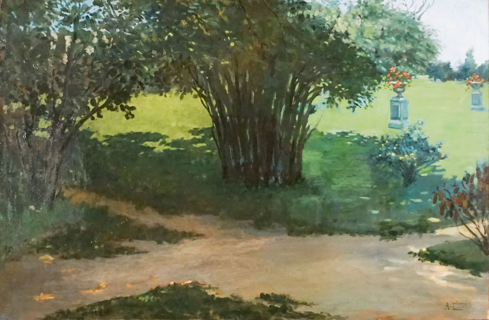 Albert Ludovici, Jr. (British 1852-1932), Sunlit Lawn with Flowering Garden Urns, Oil on canvas, 24 (1 of 2)