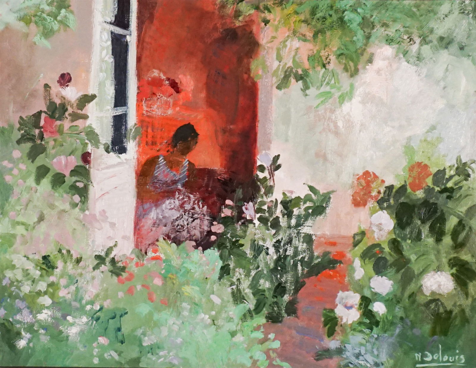 Nancy Delouis (French b. 1941), Cousette Sur le Par de la Porte du Jardin, Oil on canvas, 19-1/2 x: Nancy Delouis(French, b. 1941)Cousette Sur le Par de la Porte du JardinOil on canvasSigned N. Delouis l.r.; also titled on stretcher bar on verso19-1/2 x 25-1/2 in (49.5 x 64.8 cm); Frame: 26-1/2 x 3